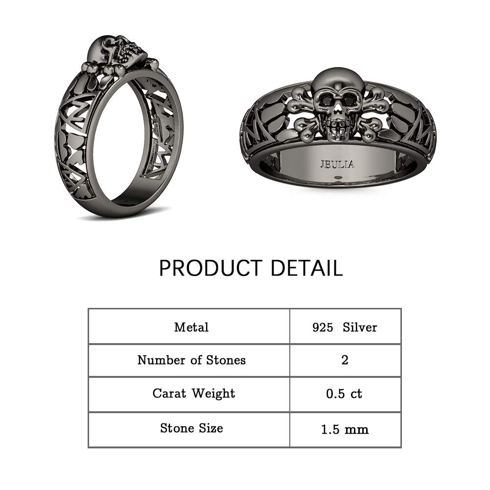 Jeulia 0.5 CT 925 Sterling Silver Skull Ring for Women & Men - Black Tone Eternity Band with CZ Cubic Zirconia - Wedding, Engagement, Anniversary, Promise Ring - Romantic Jewelry Gift for Gothic Lovers, Couples & Alternative Fashion