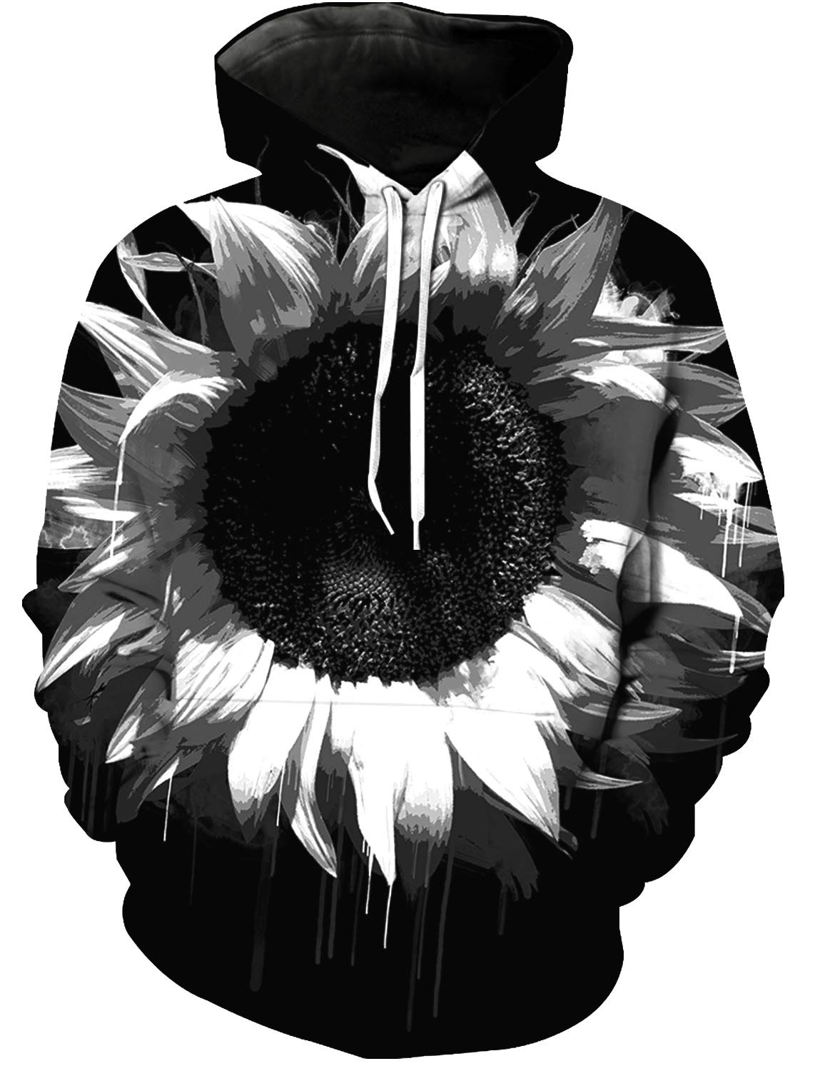 Men's Hand-Painted Sunflower Art Hoodie - Black & White Graphic Sweatshirt for Casual Wear, Street Style & Outdoor Activities