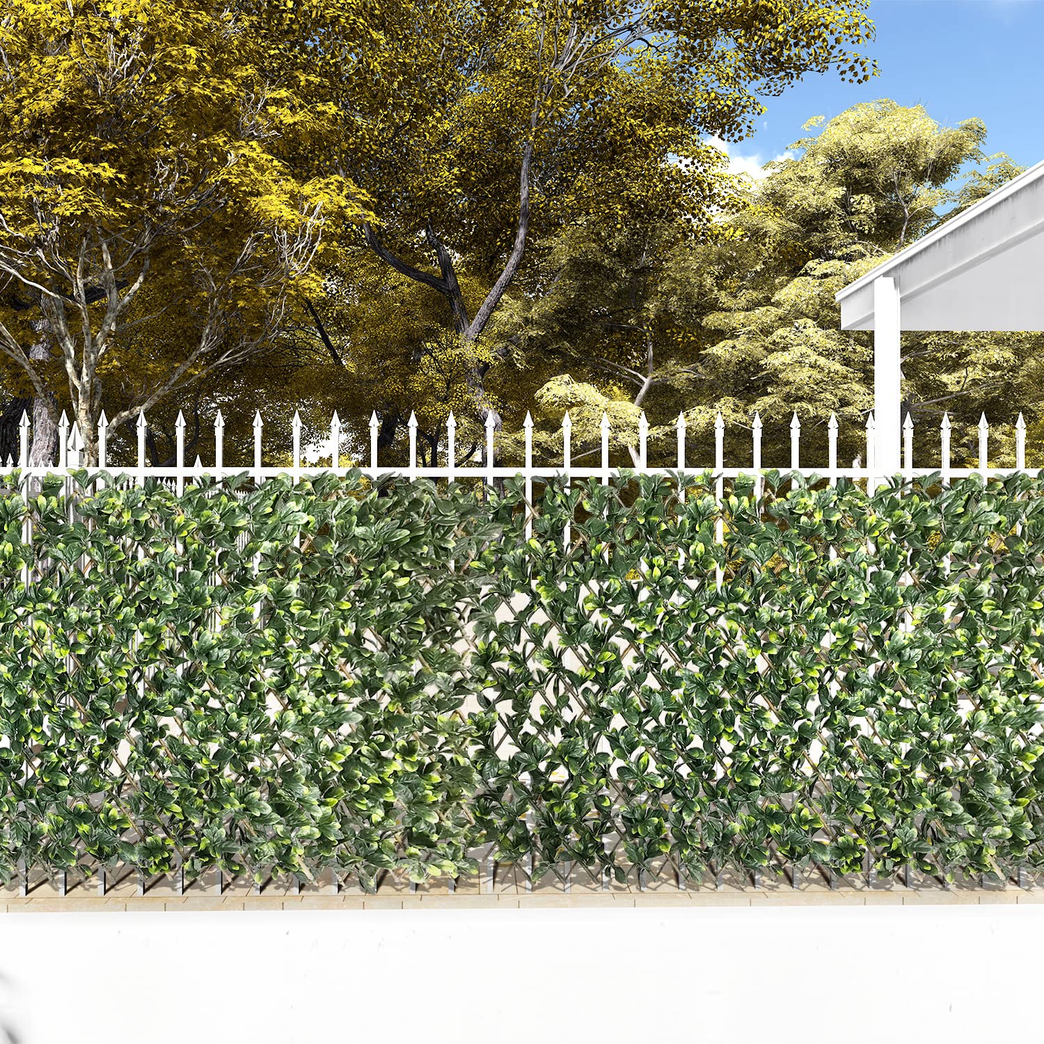 ECOOPTS Stretchable Artificial Buxus Leaf Faux Ivy Privacy Fence Screen - Expandable Decorative Fencing Panel for Balcony, Patio, Garden & Outdoor Use (Single Sided Ficus Leaves, 1 Piece) - Perfect for Privacy, Shade & Home Decor