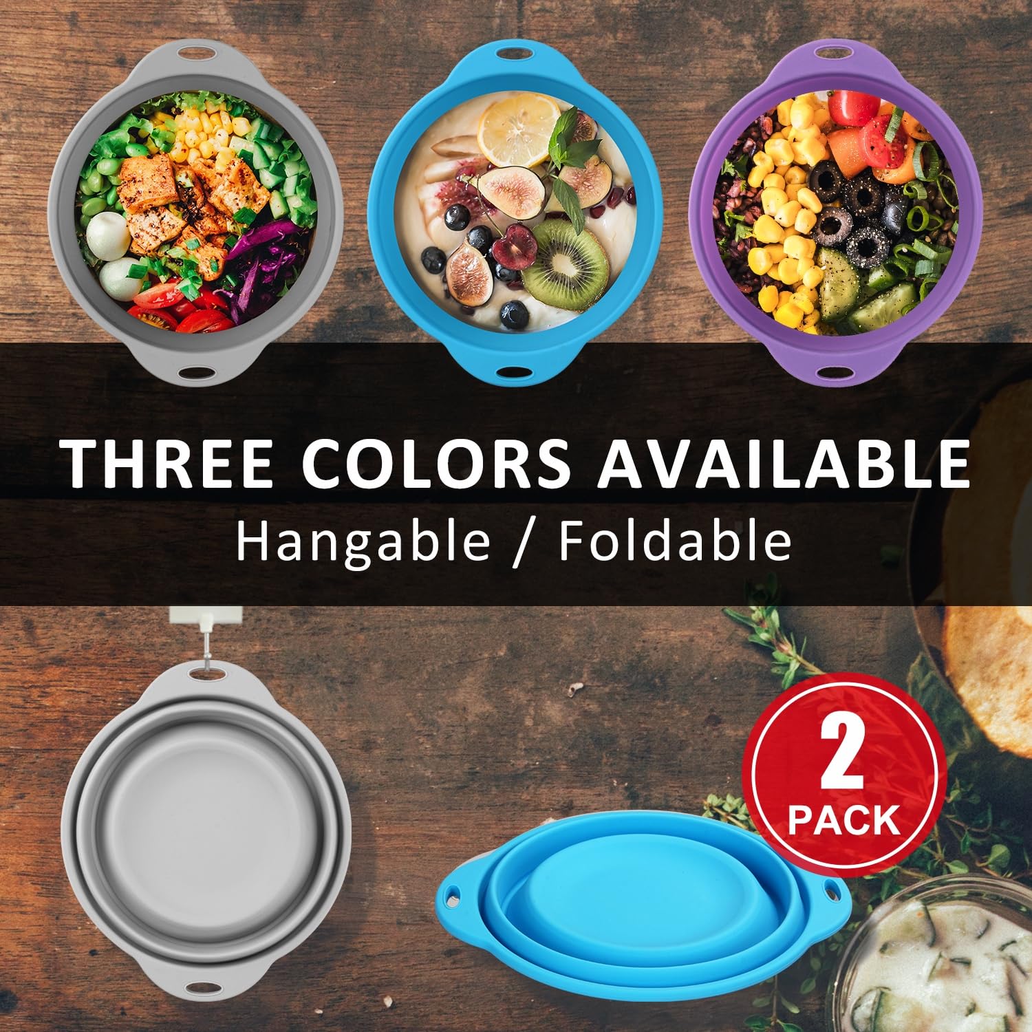 Collapsible Mixing Bowl 2 Pack - 61 oz Food Grade Silicone Storage Containers for Camping, Hiking & Travel - Space Saving Foldable Bowls for Mixing, Storing & Meal Prep (Purple) - Perfect for Outdoor Adventures, Picnics & Small Kitchen Spaces