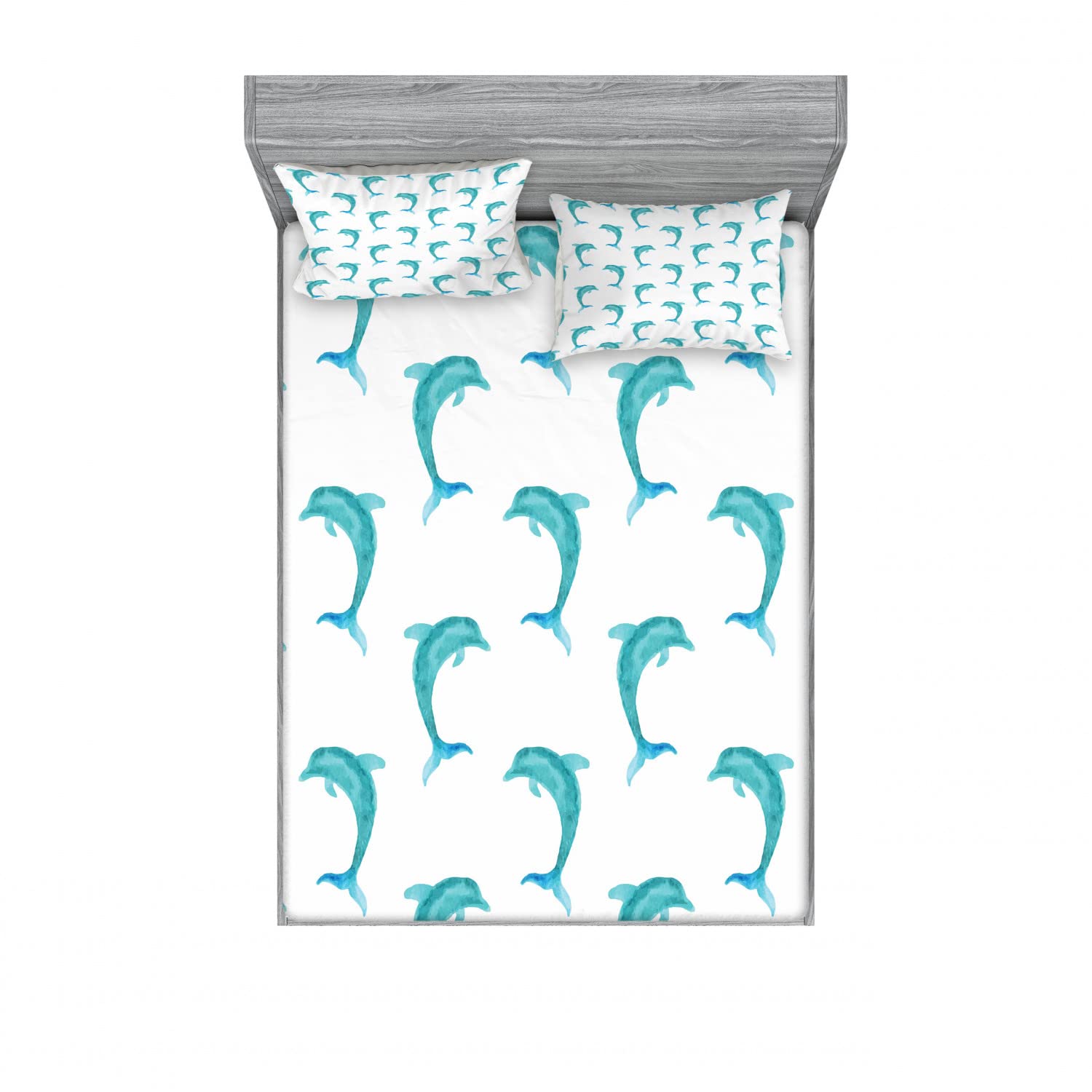 Ambesonne 2-Piece Queen Fitted Sheet & 4-Piece Pillow Sham Set - Jumping Dolphin Marine Life Design in Aqua White | Soft Bedding Decor for Guest Rooms, Beach Houses & Ocean-Themed Bedrooms
