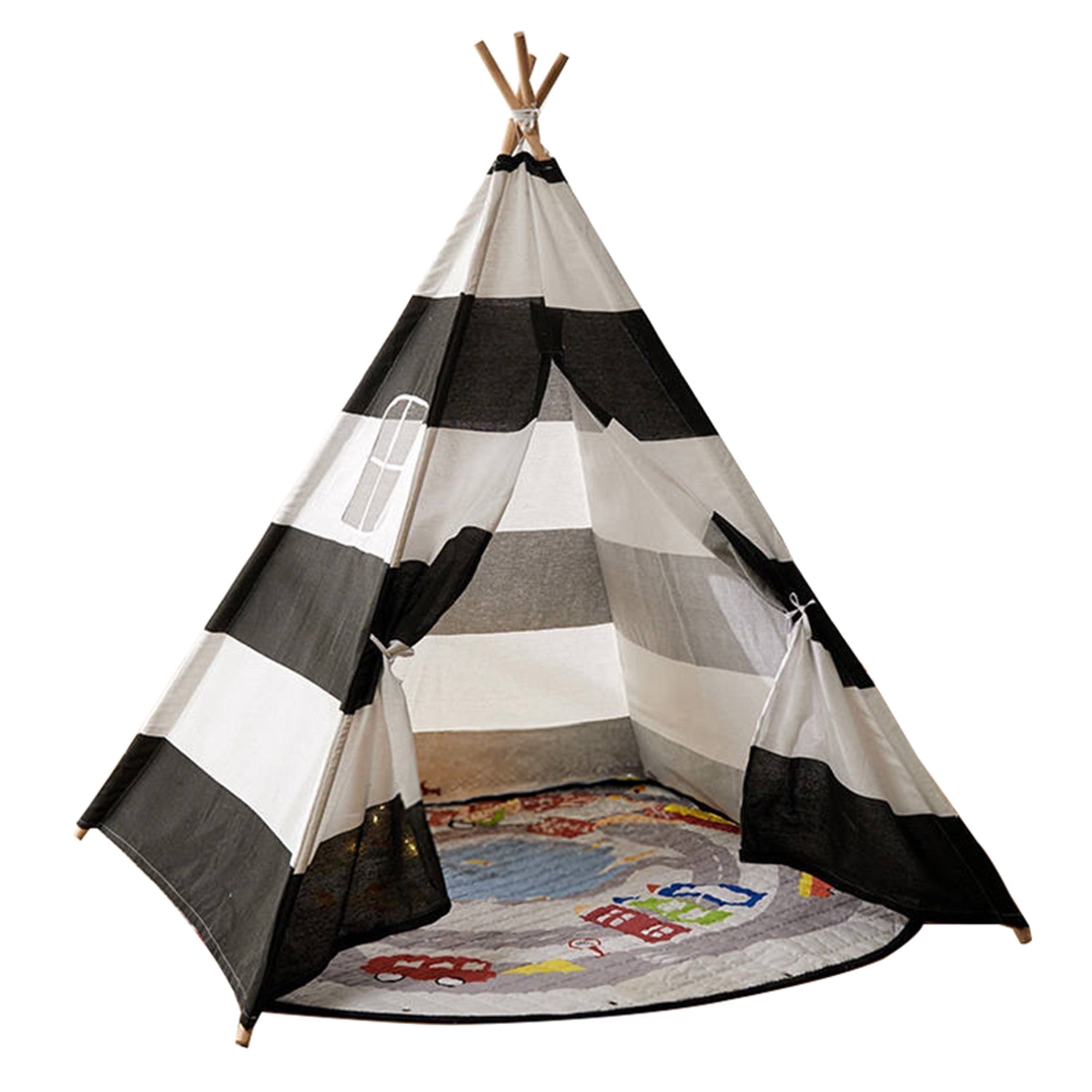 Large Foldable Kids Canvas Teepee Play Tent with LED Lights (Black & White) - Perfect for Indoor Playroom, Nursery Decor, Birthday Parties & Imaginative Play