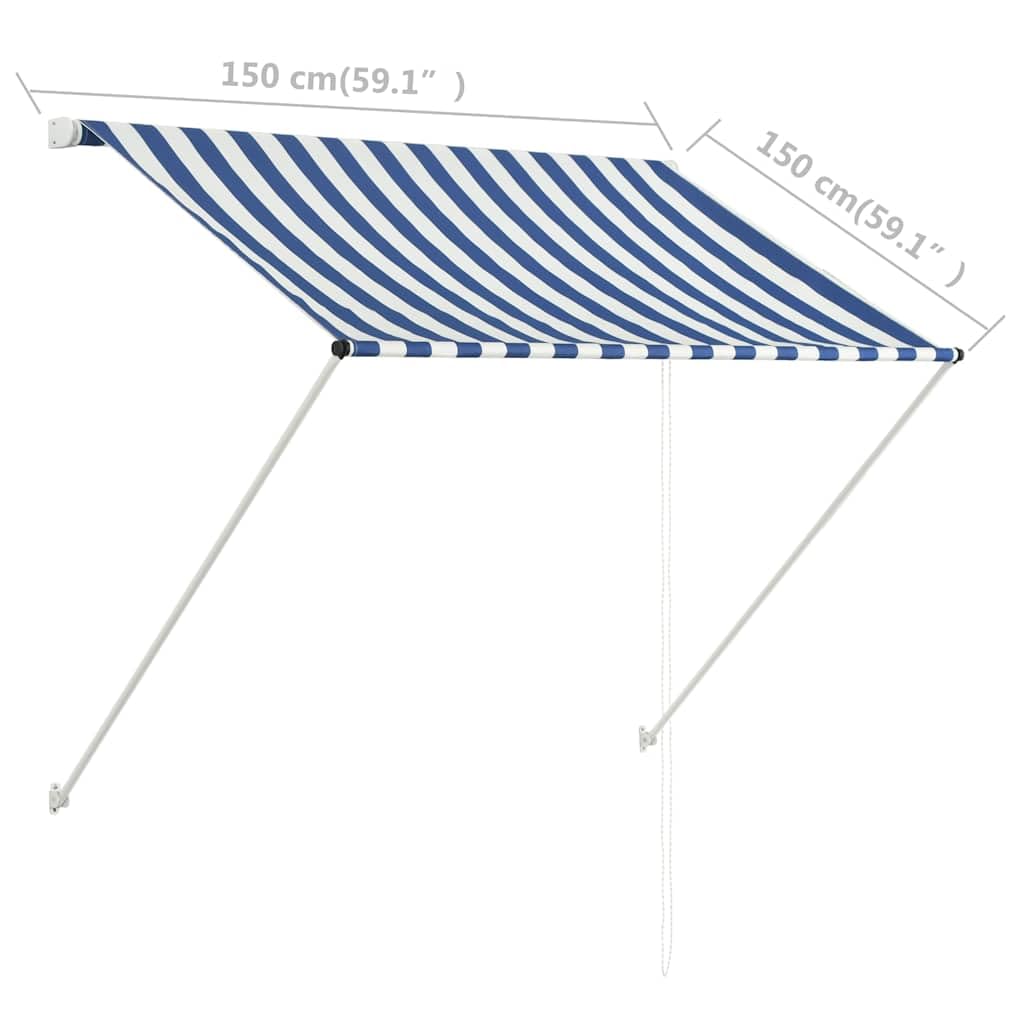 Durable Retractable Awning with Steel Frame - Weatherproof PA Coating & Easy-Clean Polyester Canopy for Patio, Balcony, Garden, or Windows - Blue & White | Perfect for Outdoor Shade, Backyard Relaxation, and Sun Protection