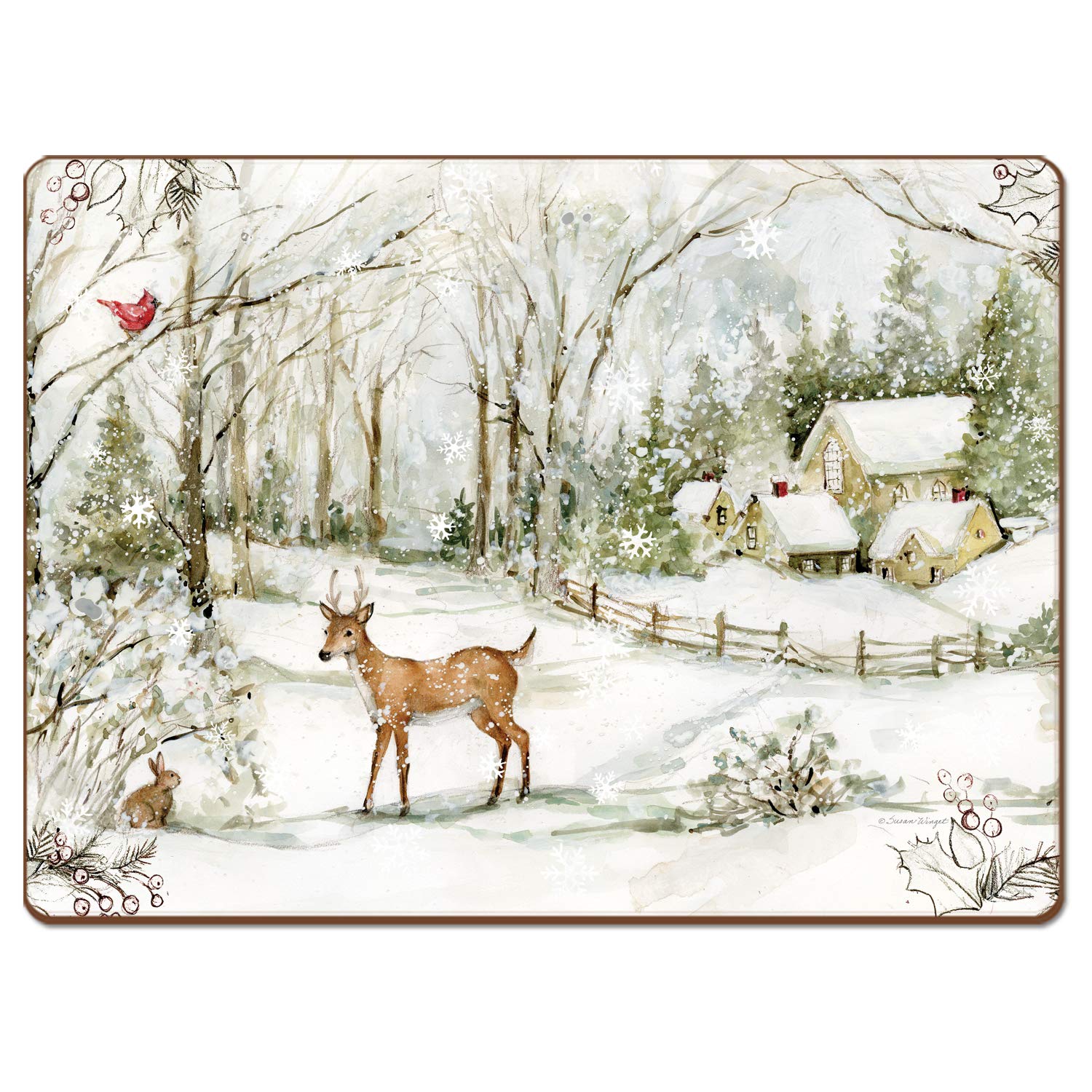 Winter Forest Decorative Hardboard Cork Back Tabletop Placemats 4 Pack - Heat Resistant & Easy Clean - Made in USA - Perfect for Dining Tables, Kitchen Countertops & Holiday Decor