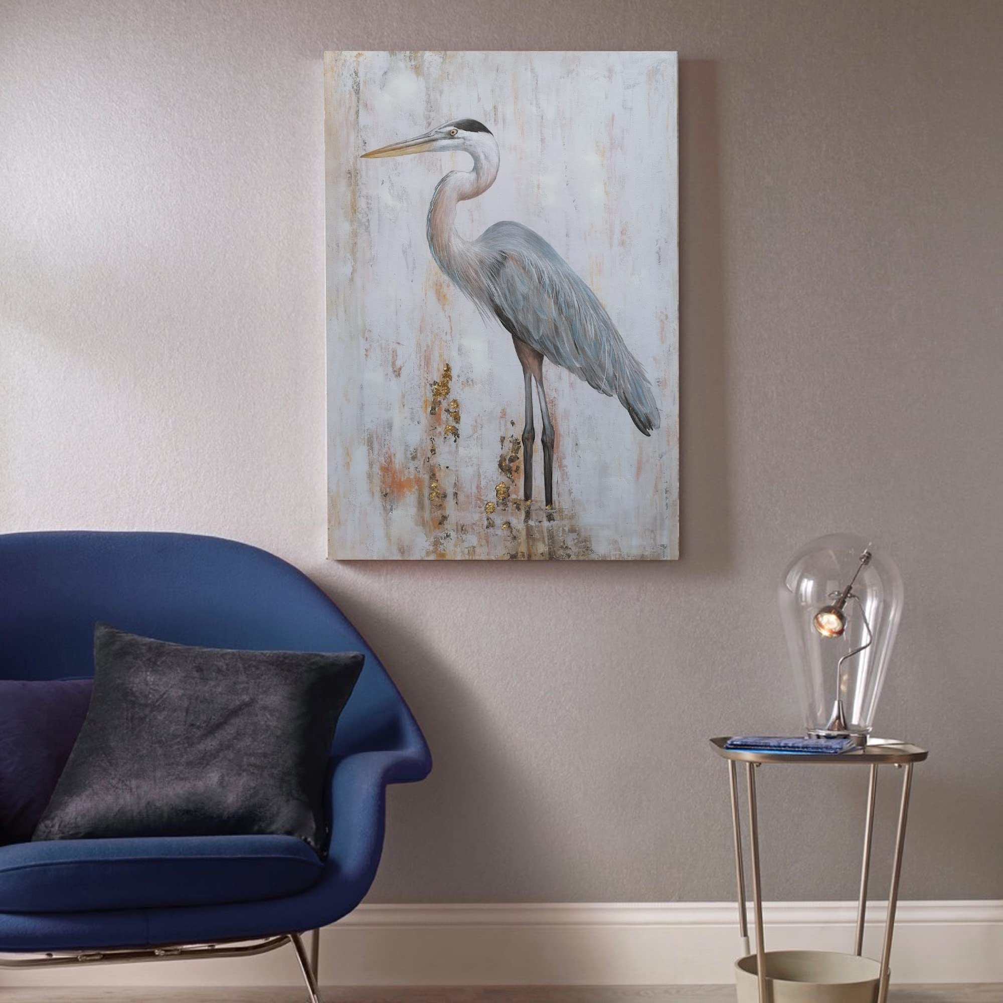 Blue Heron Wall Art - Gold Foil Beach Bird Painting for Home Decor | Coastal Themed Wall Decor for Living Room, Bedroom & Bathroom | Perfect for Beach House & Nature Inspired Interior Design