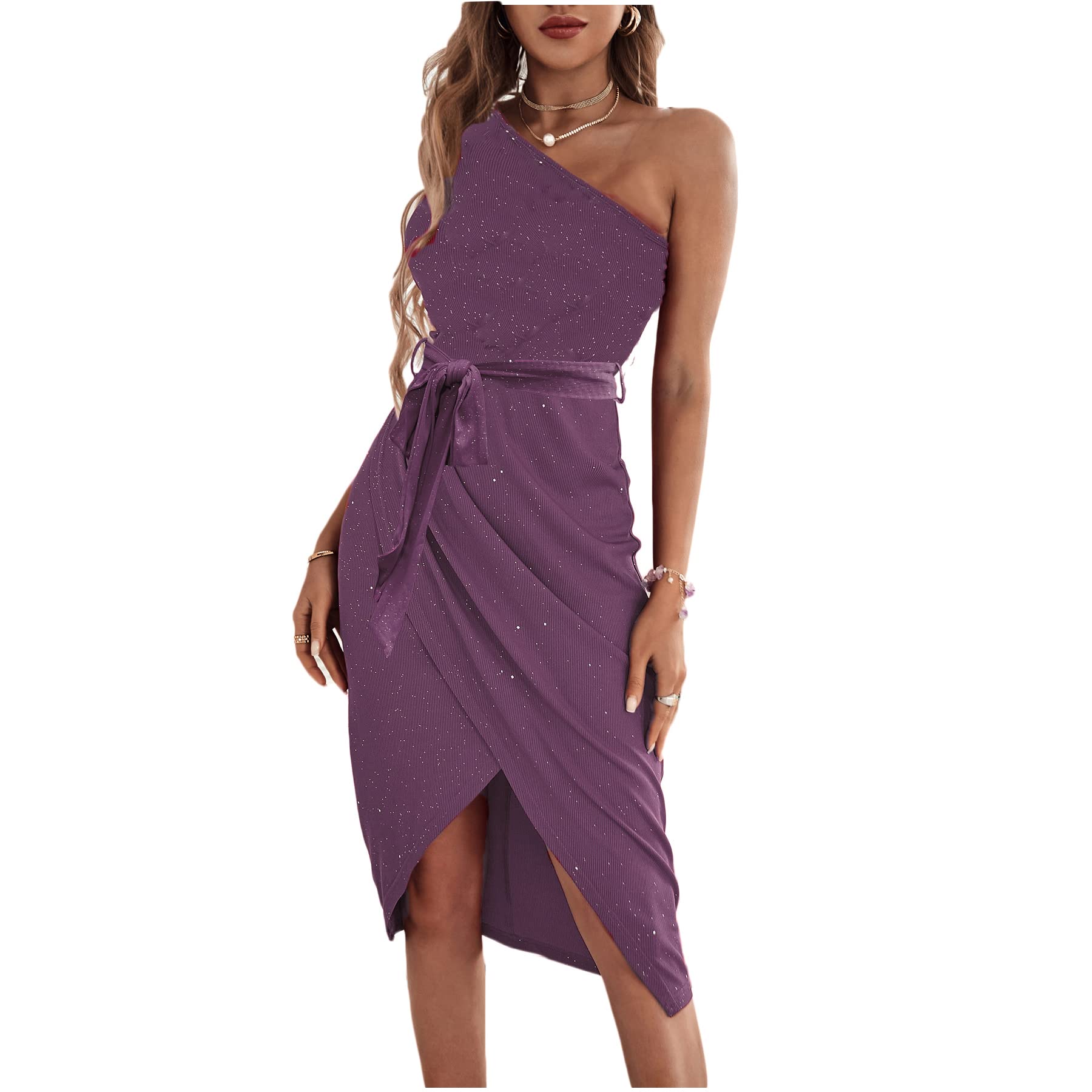 Elegant Glitter One Shoulder Cocktail Dress for Women - Wrap Belted Formal Midi Party Dress | Perfect for Weddings, Evening Events & Special Occasions