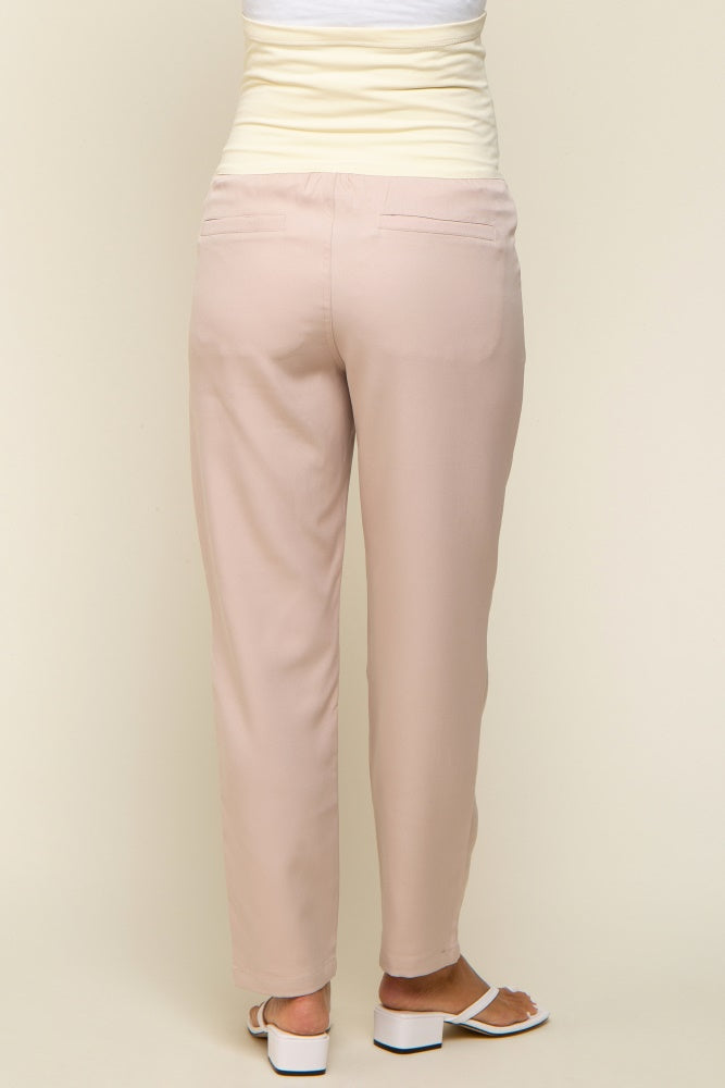 Beige Satin Maternity Pants for Women - Stretchy High Waist Pregnancy Pants - Comfortable Workout & Lounge Pants for Expecting Moms
