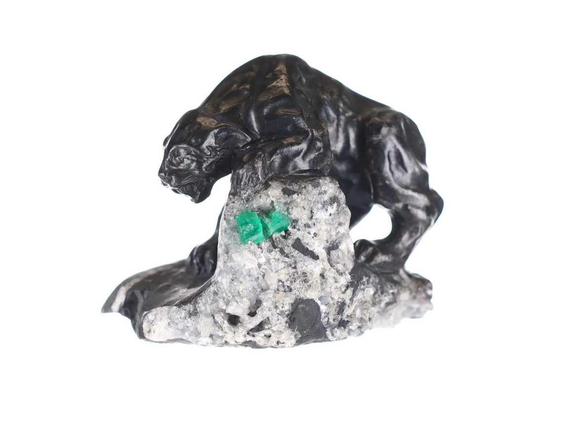 Natural Colombian Emerald Black Panther Rough Crystal Sculpture - Handcrafted Gemstone Art for Home Decor, Meditation & Spiritual Healing