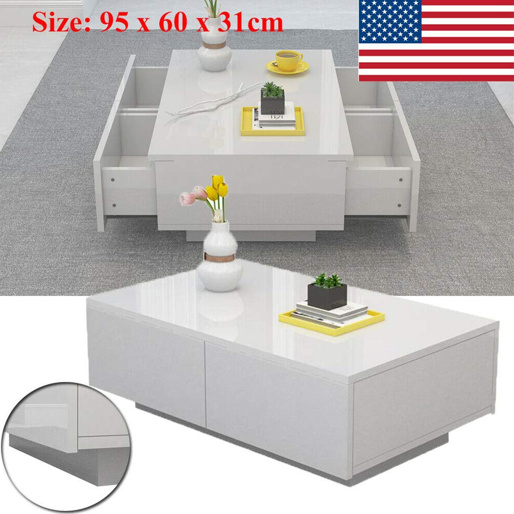 Modern White High Gloss Coffee Table with Drawer - 37.4