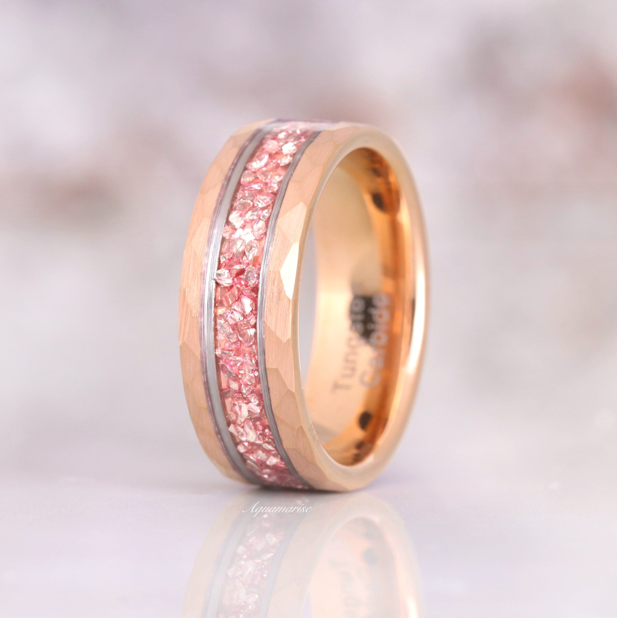 8MM Rose Gold Tungsten Crushed Morganite Wedding Band for Women - Elegant Stackable Ring for Bridal, Anniversary, or Everyday Wear