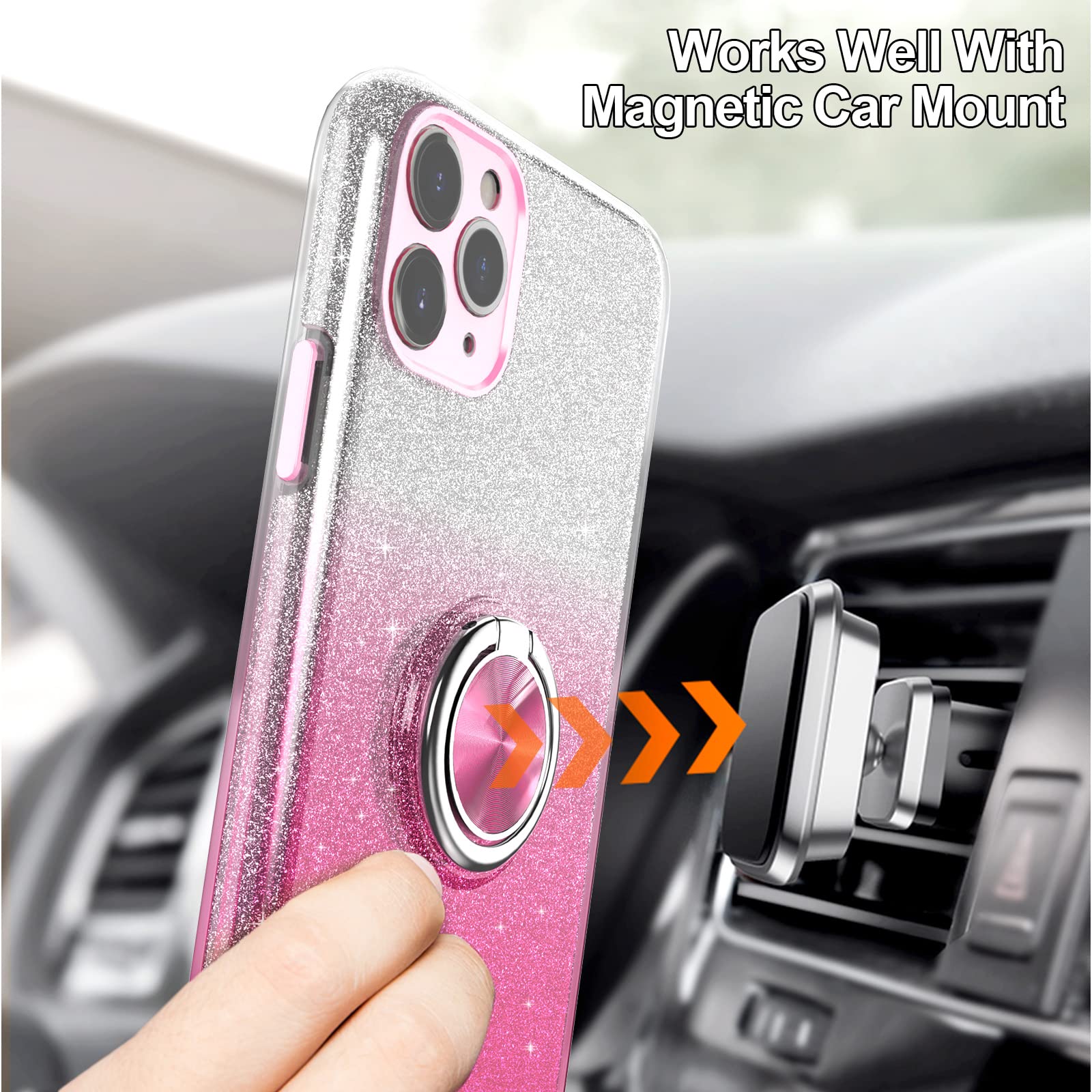 Sparkly Glitter iPhone 11 Pro Max Case with 360° Ring Holder & Magnetic Car Mount - Slim Shock-Absorbent Protective Cover for Women (6.5