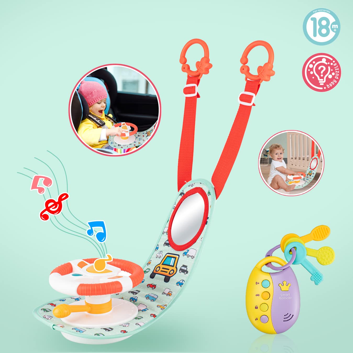 Best Baby Car Seat Toys for Infants & Toddlers - Soft Mirror & Toy Keys with Music, Lights & Driving Sounds - Safe Carseat Steering Wheel Toy for Road Trips & Travel Entertainment