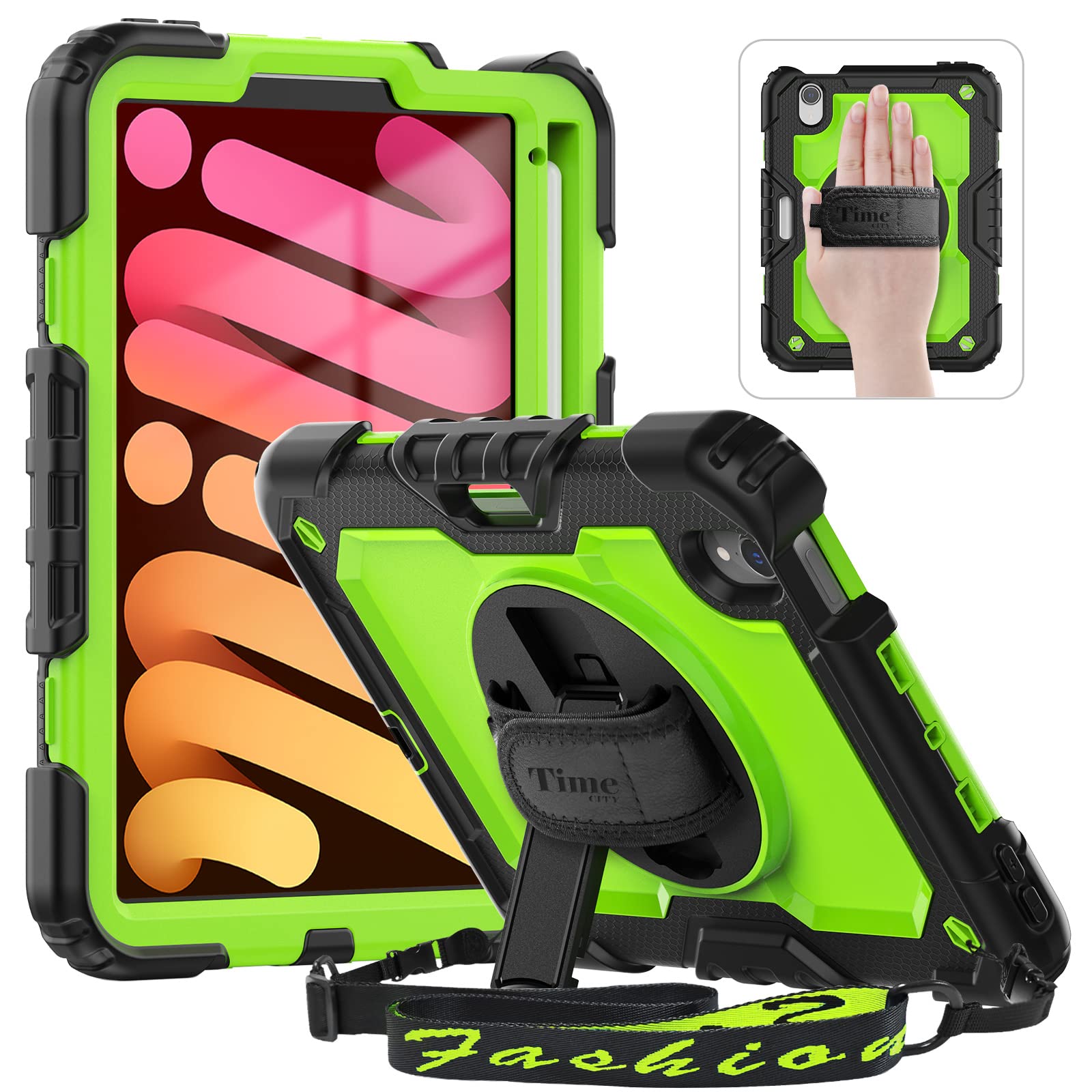 Timecity iPad Mini 7/6 Case with Screen Protector - 360° Rotating Stand, Pencil Holder & Adjustable Shoulder Strap - Shockproof Protective Cover for iPad Mini 7th/6th Generation 8.3