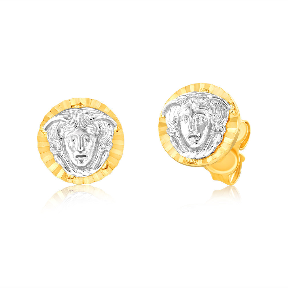 9ct Yellow and White Gold Two-Toned Medusa Stud Earrings – Elegant Greek Mythology Jewelry for Women – Perfect for Parties, Weddings, and Special Occasions