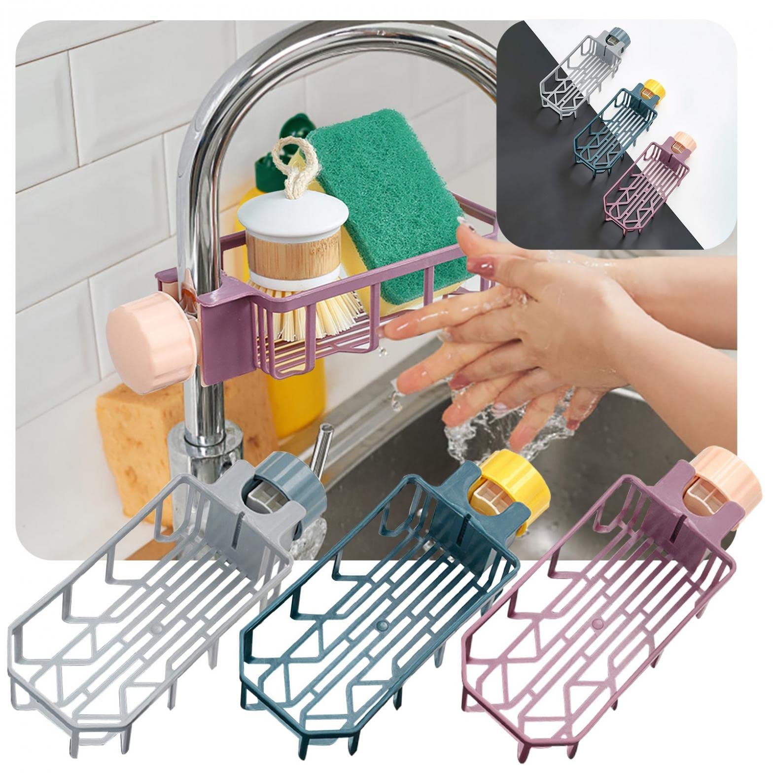 Kitchen & Bathroom Faucet Storage Rack - Hanging Organizer for Soap, Brush & Dishcloth with Drainer | Space-Saving Sink Organizer for Sponges, Cleaning Supplies & Beauty Products
