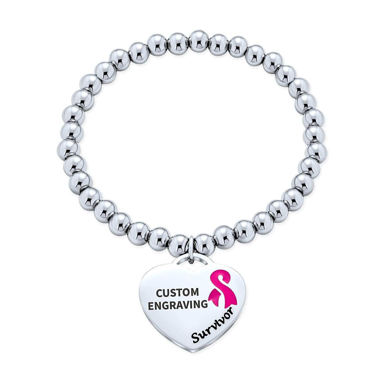 Personalized Engravable Medical ID Pink Ribbon Cancer Survivor Stretch Bracelet with Heart Charm - Awareness Jewelry for Women, Ideal for Breast Cancer Support & Everyday Wear