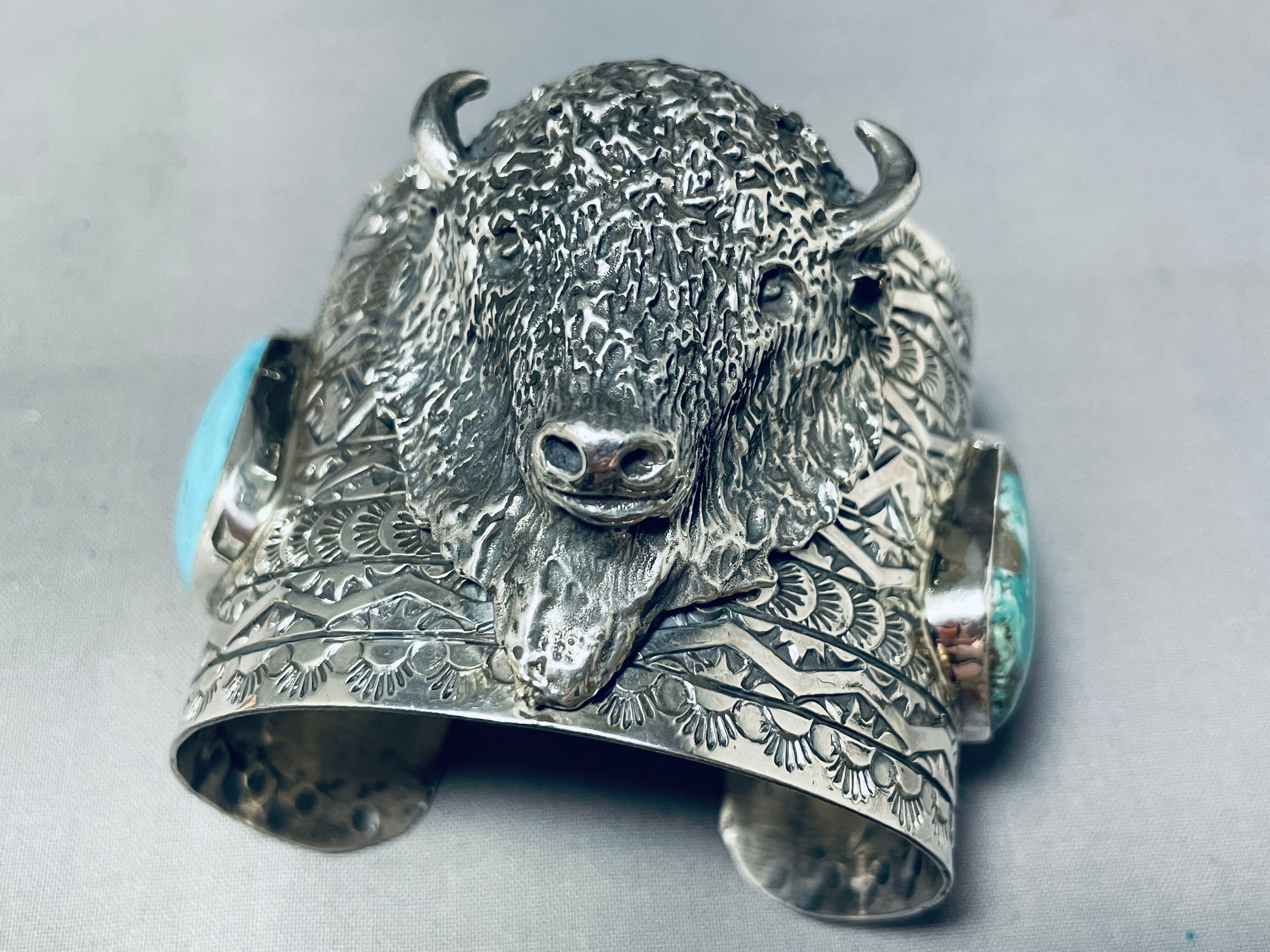 Authentic Navajo Turquoise Sterling Silver Bracelet with Buffalo Head - 133 Grams - Handmade Native American Jewelry for Women - Perfect for Boho, Western & Festival Fashion