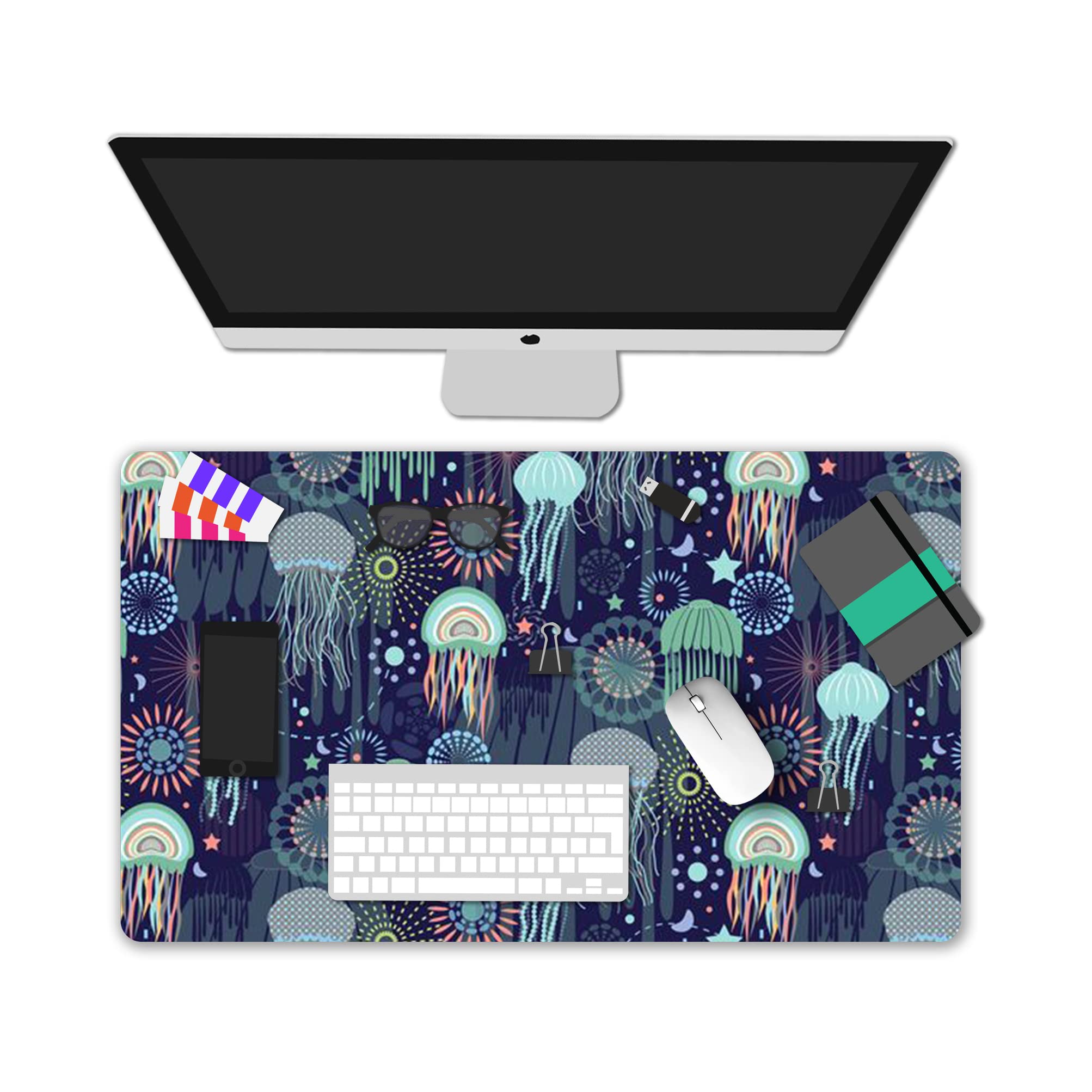 XXL Extended Gaming Mouse Pad with Non-Slip Rubber Base - Waterproof Large Keyboard Mat & Desk Pad for Work, Office, and Home - Perfect for Gaming, Writing, and Computer Use - Jellyfish Design