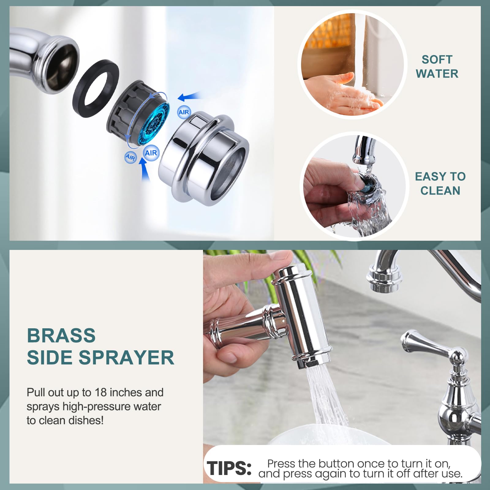 WOWOW 4-Hole Centerset Kitchen Faucet with Pull-Out Sprayer - 8 Inch Brass Bridge Faucet with 2 Handles - Vintage Farmhouse Chrome Sink Faucet for Modern & Rustic Kitchens