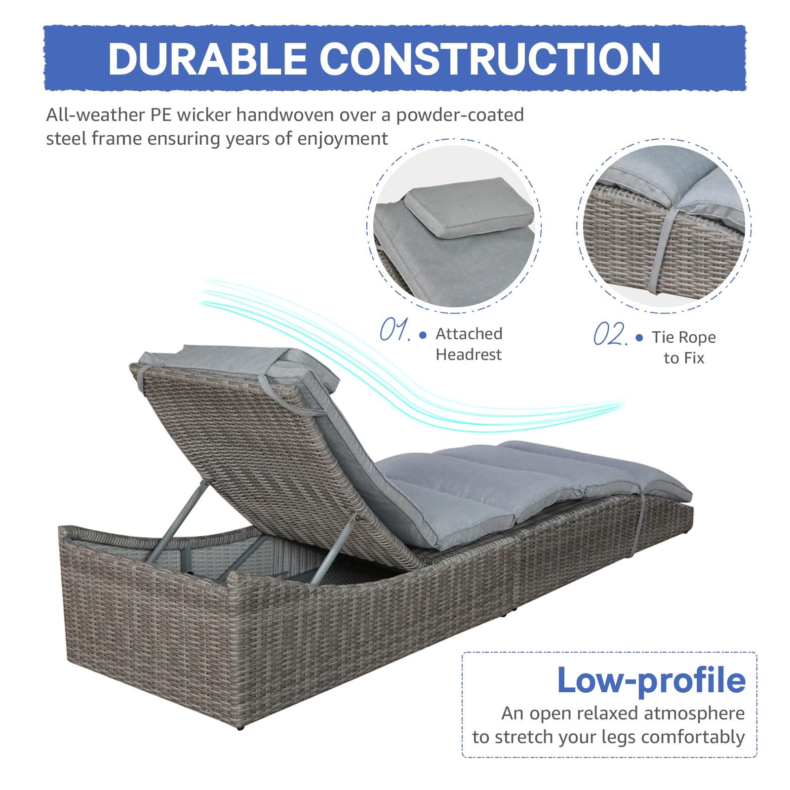 Premium Folding Outdoor Adjustable Chaise Lounge Chair with Removable Cushion - Fully Assembled PE Rattan Recliner for Patio, Pool & Beach - Gray - Perfect for Sunbathing, Relaxing & Outdoor Lounging