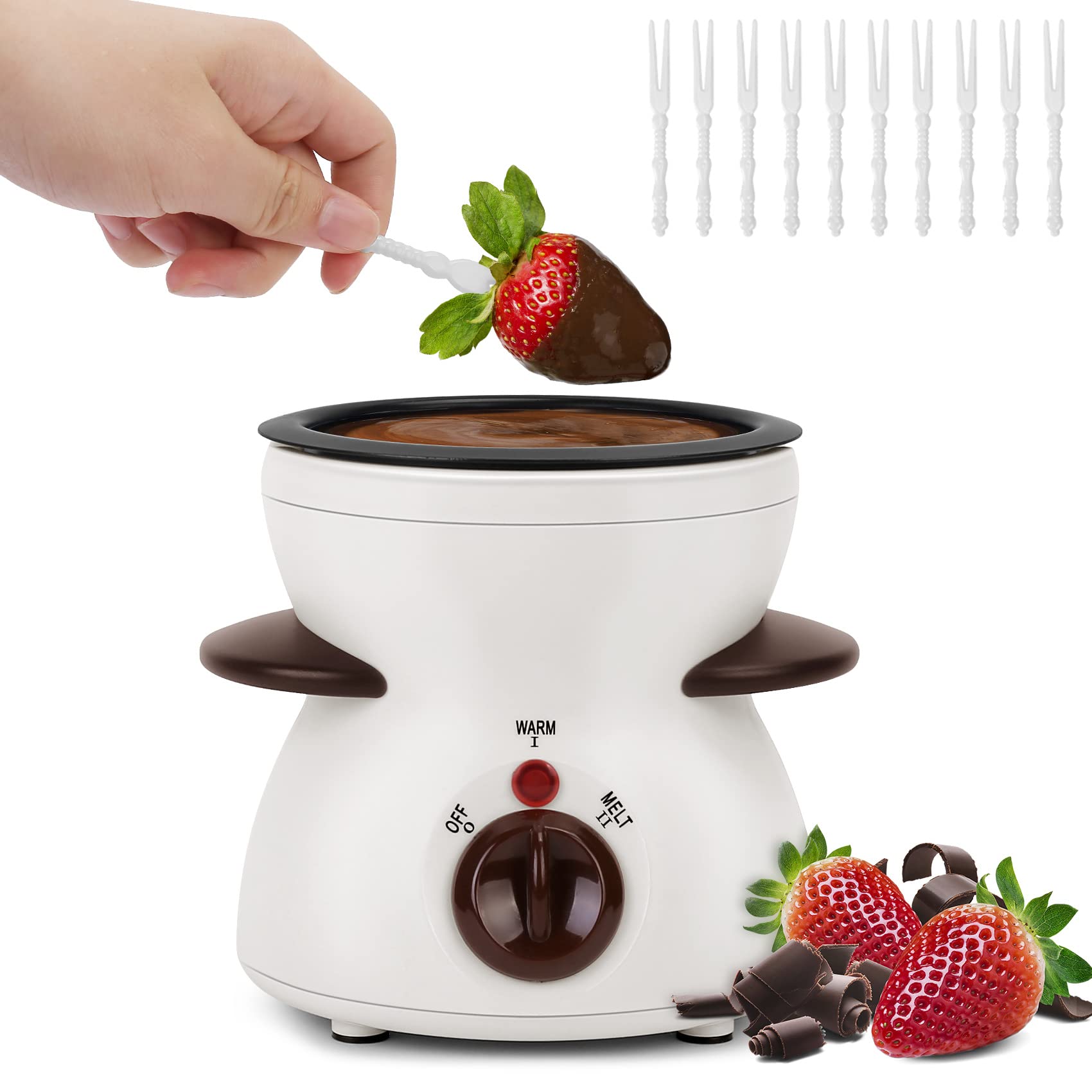 Electric Chocolate Fondue Pot Set - 1.5L Chocolate Melting Pot with 10 Forks & Removable Bowl for Dipping Marshmallows, Fruits & Candy - Perfect for Parties, Valentine's Day & Family Gatherings (White)