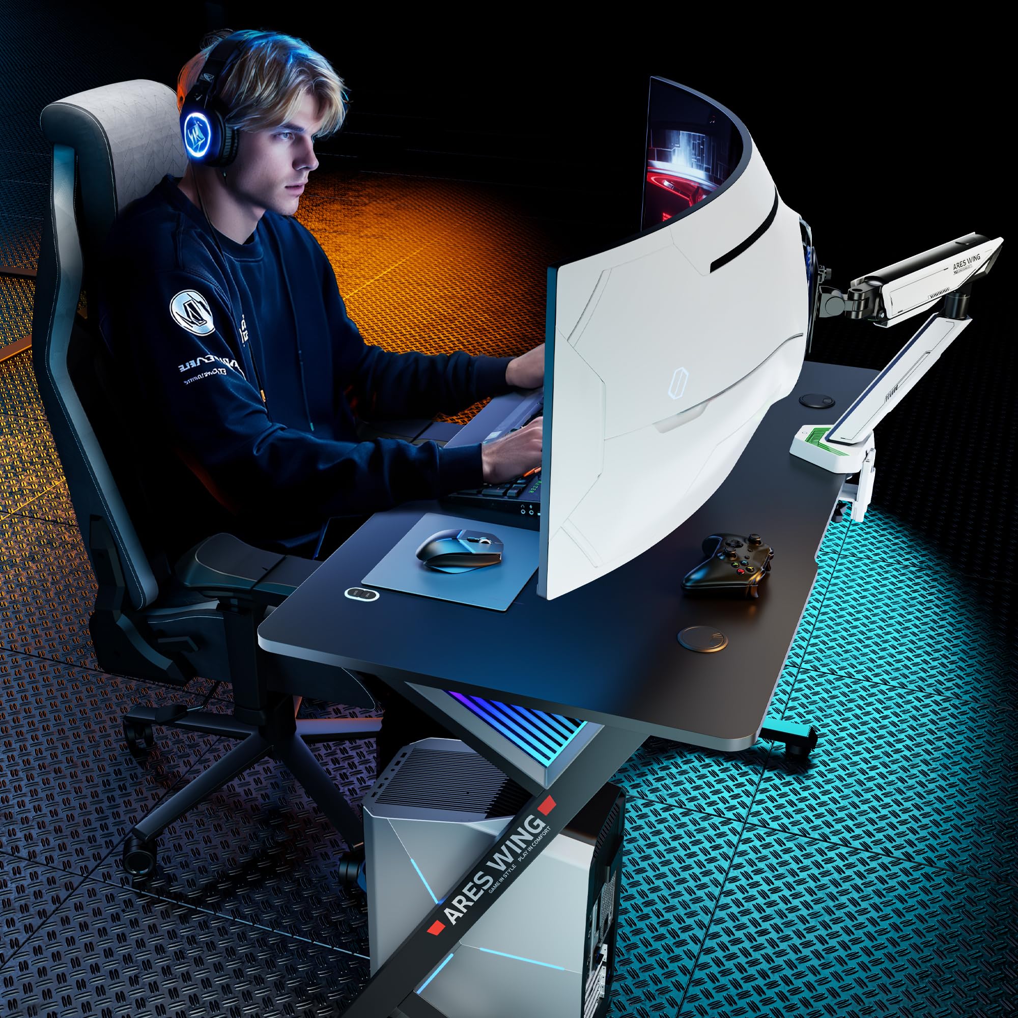 47 Inch ARES WING Gaming Desk with LED Lights & Cable Management - Ergonomic Carbon Fiber Computer Desk for Home Office & Gaming Room - Perfect for PC Setup, Streaming & Esports