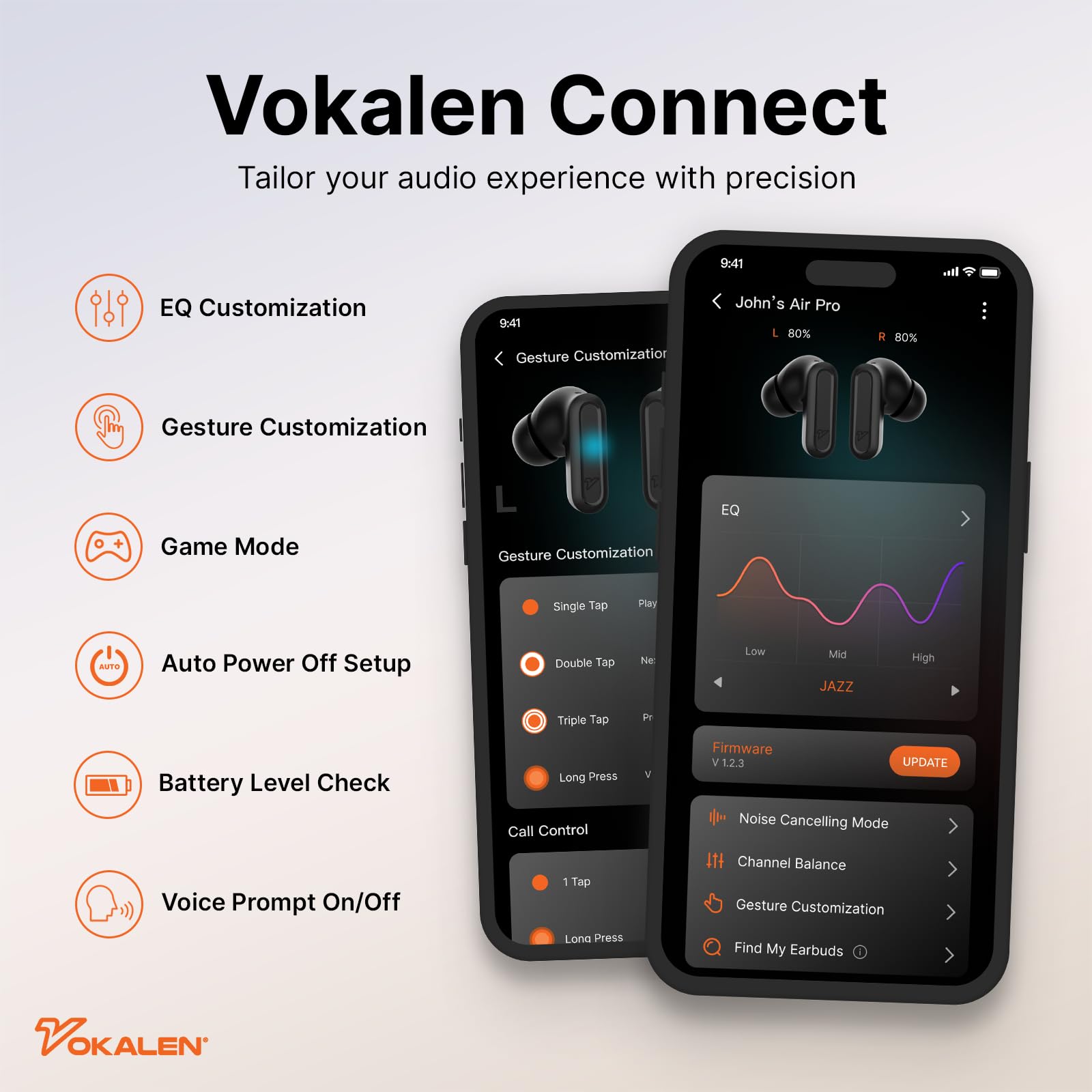 VOKALEN Air Pro True Wireless Earbuds with Hybrid Active Noise Cancelling, Bluetooth 5.3 Headphones, 40H Playtime & Wireless Charging, Custom EQ APP Control, Ergonomic In-Ear Design - Perfect for Travel, Workouts & Commuting