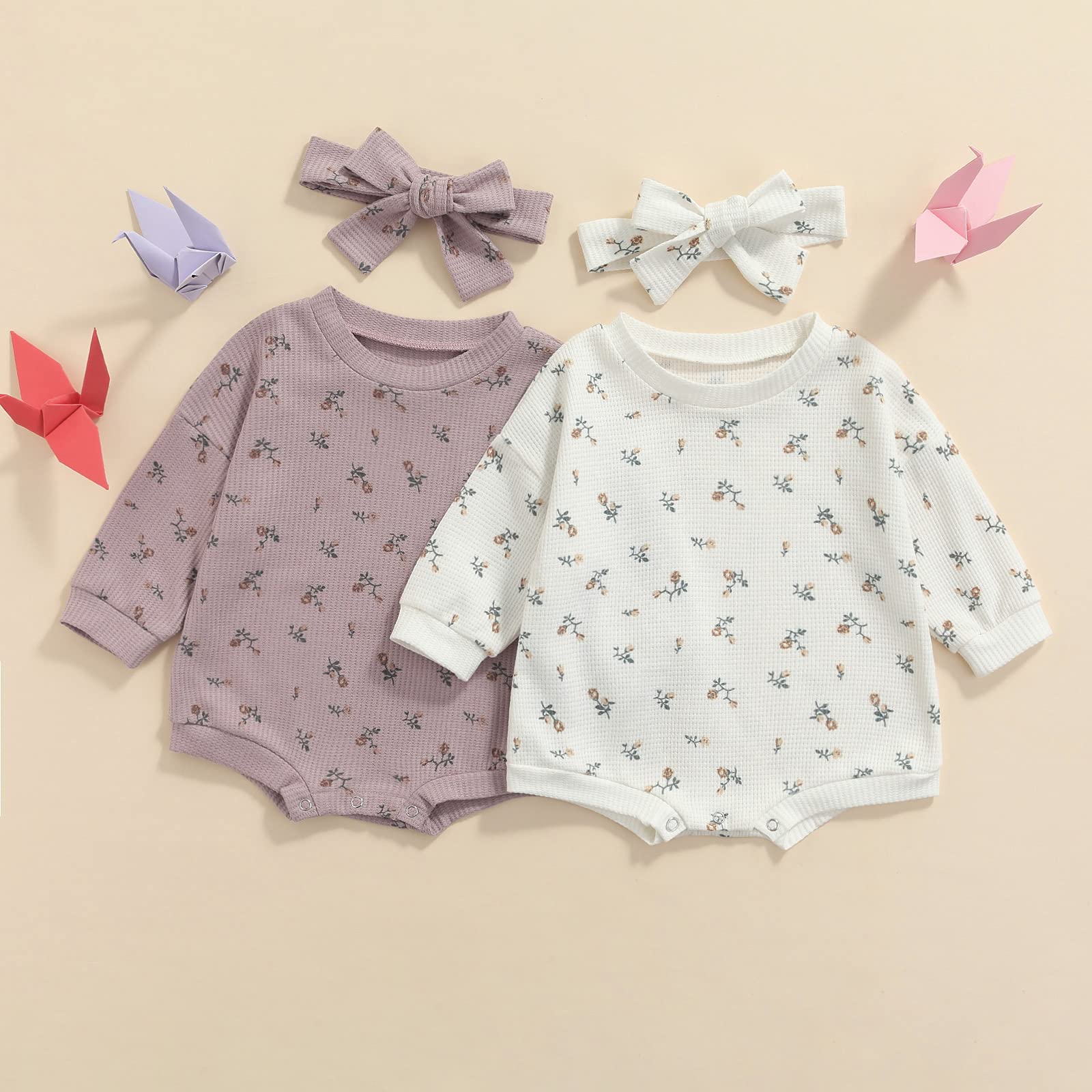 2-Pack Baby Girls' Floral Crewneck Sweatshirt Romper - Soft Knit Waffle Long Sleeve Bodysuit for Infants 0-24 Months | Perfect for Playdates, Photo Shoots & Everyday Comfort