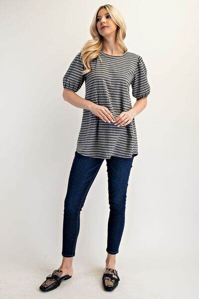 Celeste Gingham Print Blouse with Puff Sleeves - Plus Size Women's Fashion Top for Casual Wear & Summer Outfits