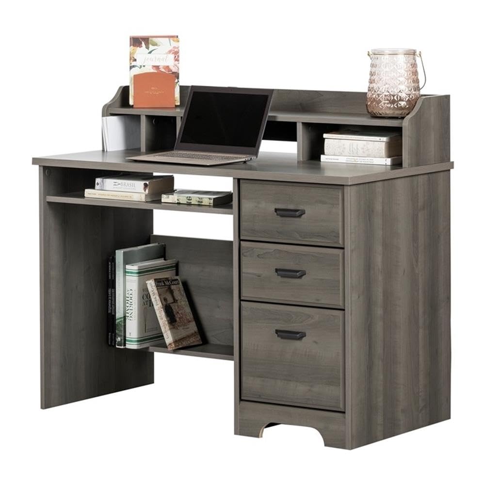 Rustic Computer Desk with Keyboard Tray - Modern Wood Writing Desk with Drawers & Shelves for Home Office, Dark Grey - Perfect for Small Spaces & Remote Work Setup
