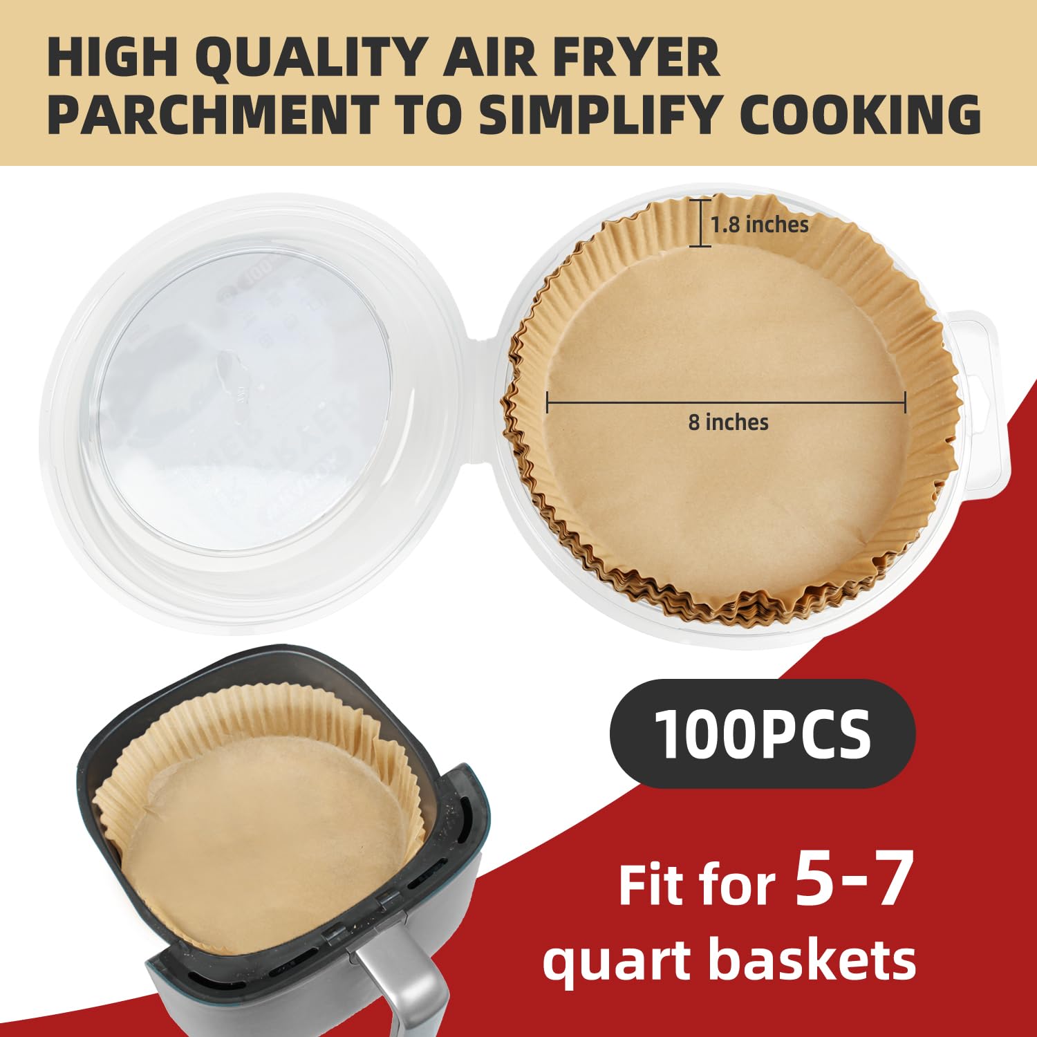 8 Inch Unbleached Perforated Air Fryer Parchment Paper - 100 Non-Stick Round Sheets for Cooking Meats, Chips, Cookies | Perfect for Air Fryers, Baking & Meal Prep