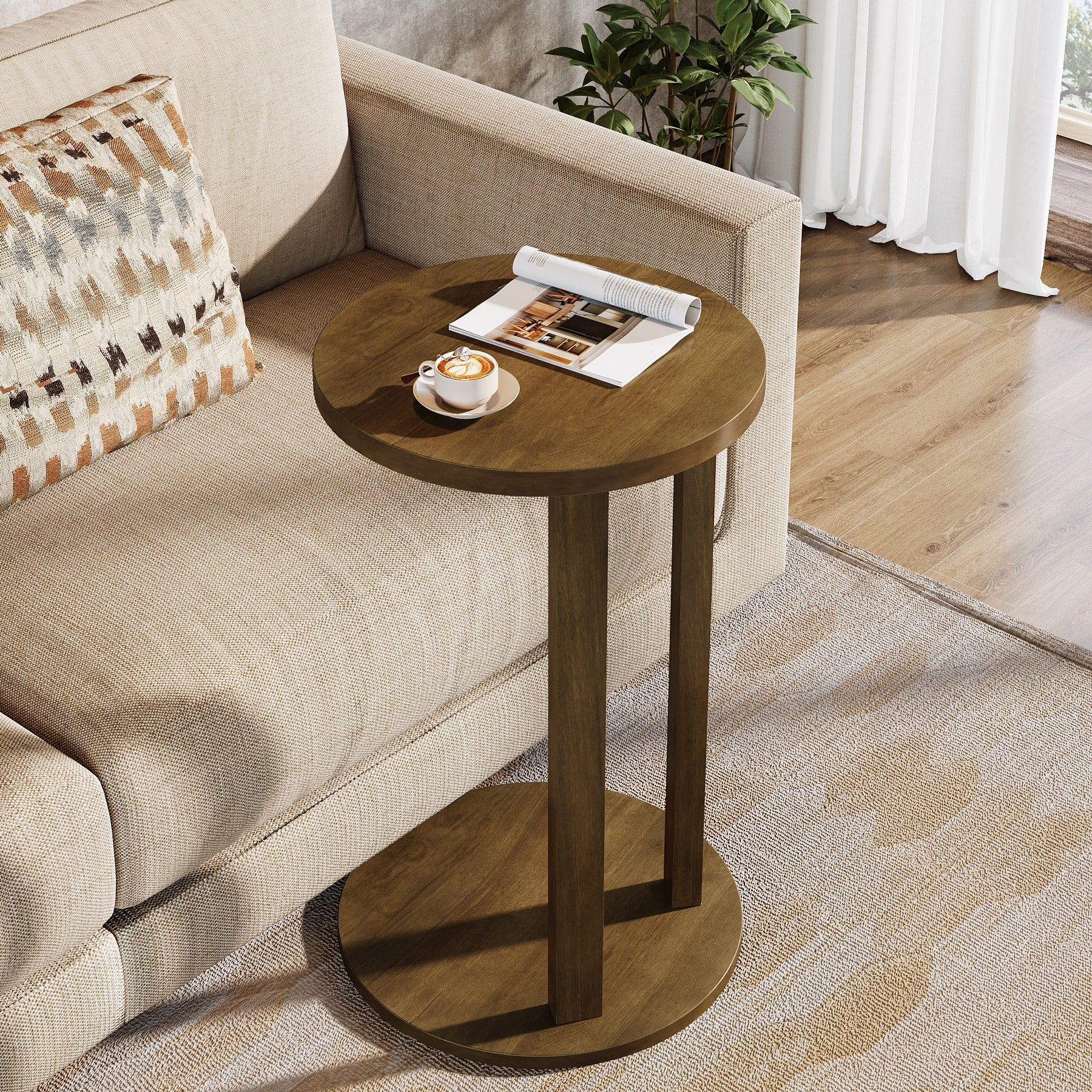 Round End Table with 2 Tiers & Solid Wood Legs - Stylish Side Table for Living Room, Bedroom, or Office Décor