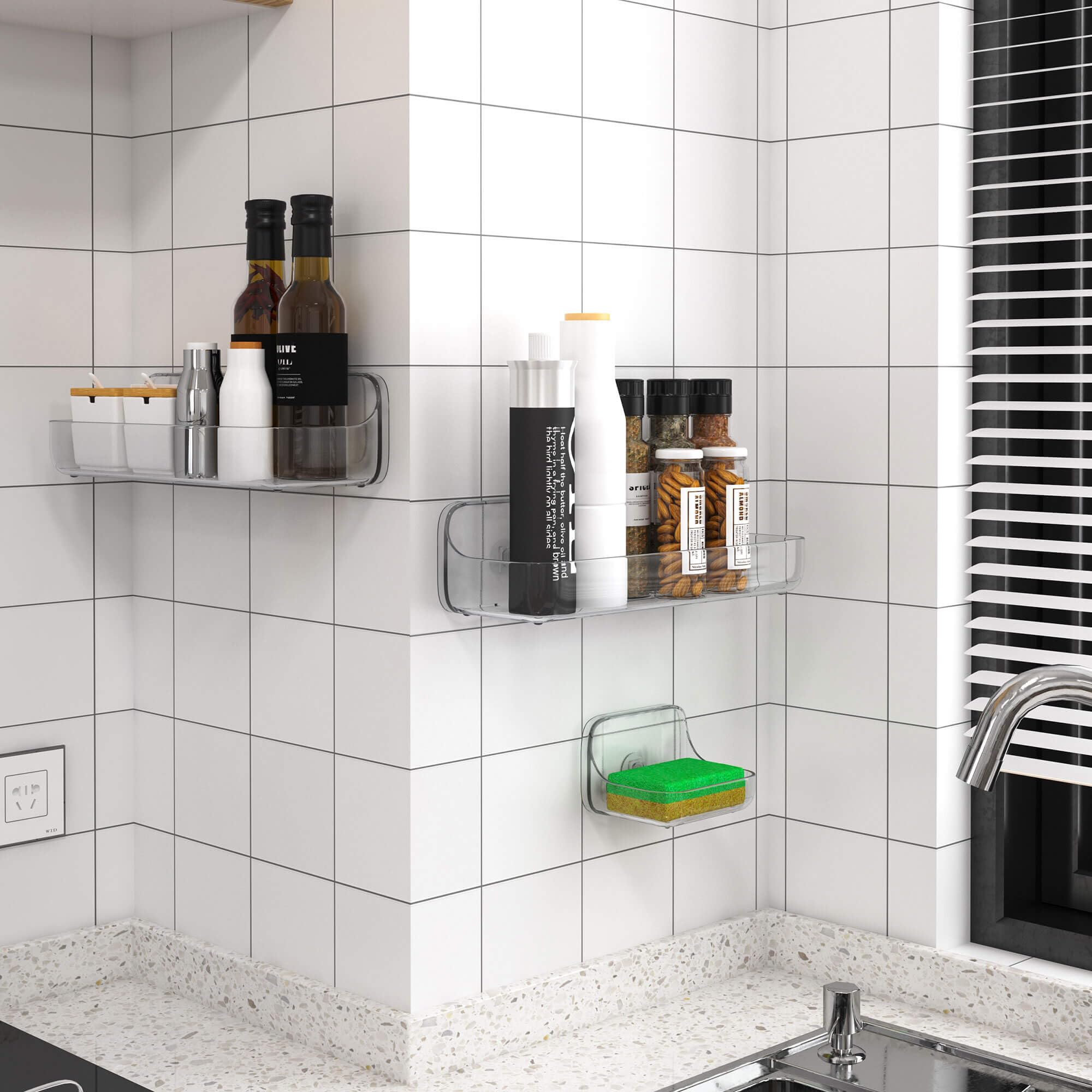 TZAMLI Adhesive Shower Caddy with Soap Dish - 3 Pack Clear Plastic Wall Mounted Bathroom Organizer Shelf for Shampoo, Conditioner & Soap Storage - Perfect for Small Bathrooms, Apartments & Dorm Showers
