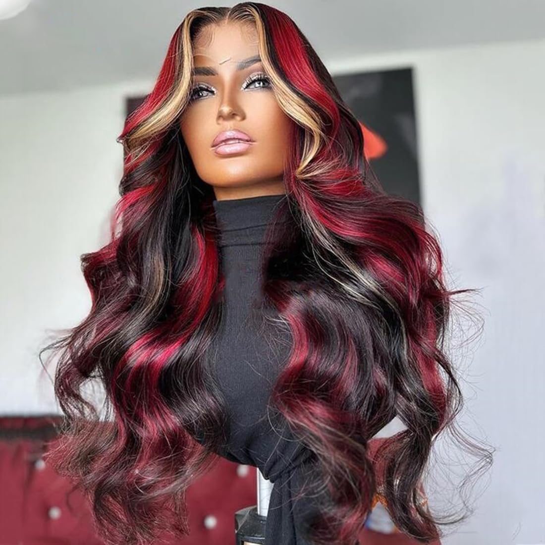 Black Red Blonde Highlight Human Hair Wig - Skunk Stripe Body Wave Lace Front Balayage Wig | Pre-Plucked 180% Density | 13x4 Transparent Lace Frontal | 26 Inch Colored Wig for Cosplay, Halloween & Fashion Styling