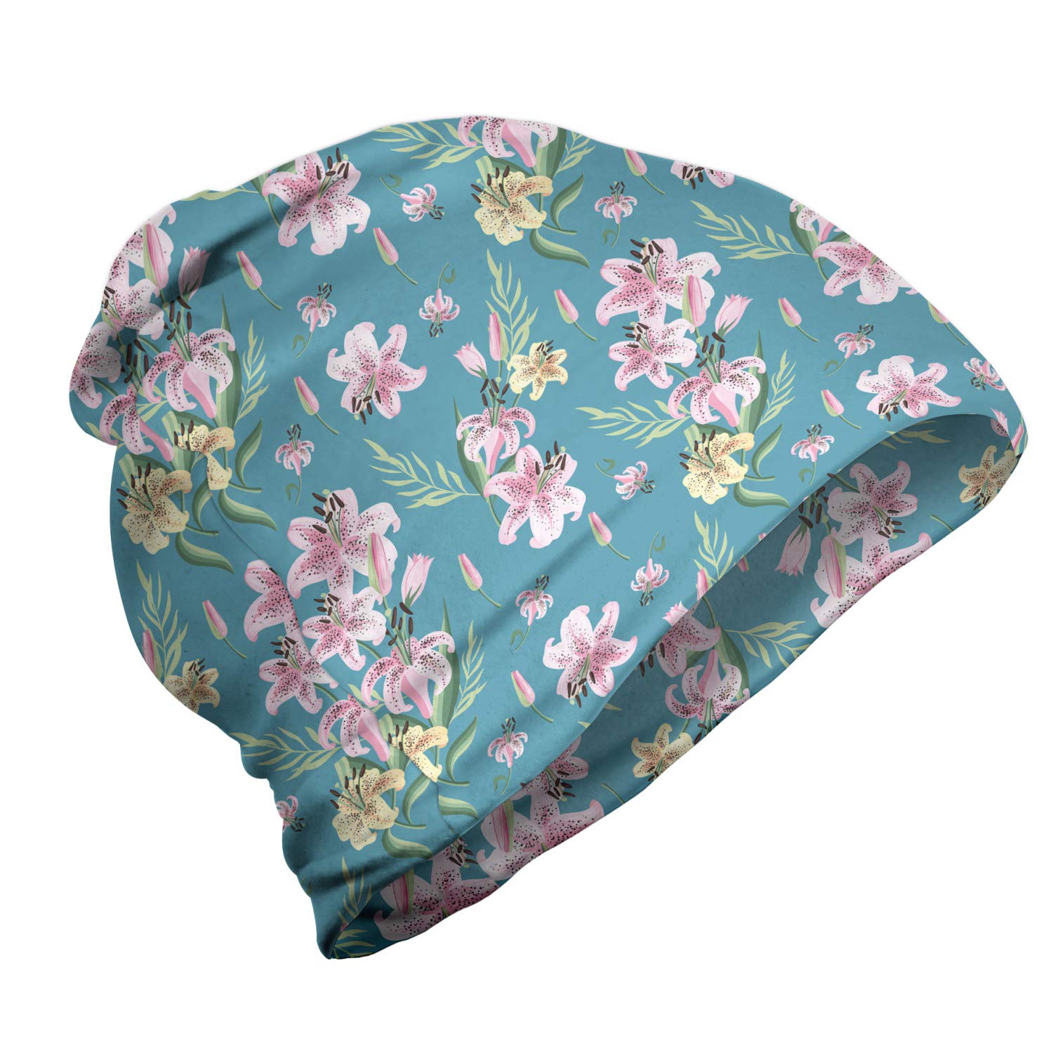 Ambesonne Unisex Beanie Hat - Natural Lily Flower Print, Soft Knit Winter Beanie for Men & Women - Perfect for Hiking, Camping & Outdoor Activities in Cold Weather