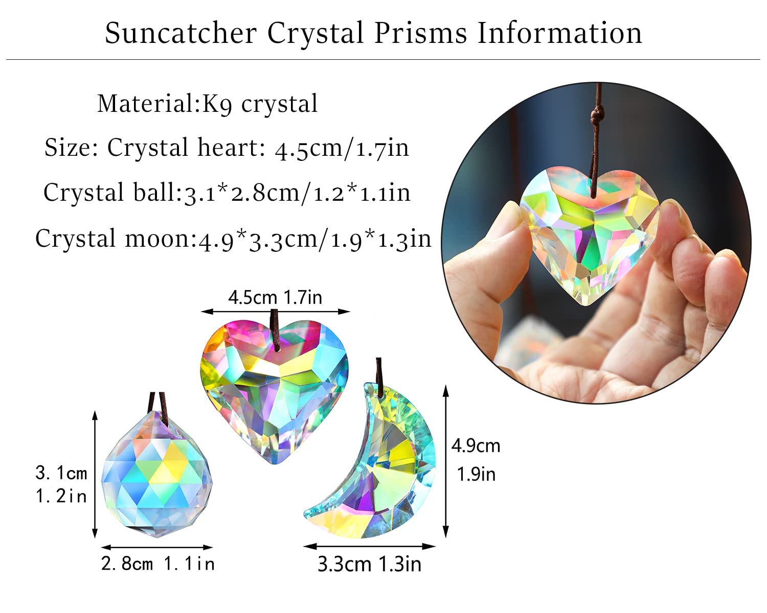 H&D HYALINE & DORA Crystal Prism Ball Rainbow Maker - Pack of 6 (3x2) Glass Sun Catchers with Moon & Heart Pendants for Window Decor, Room Decor, and Gift Giving - Create Beautiful Rainbows in Your Home