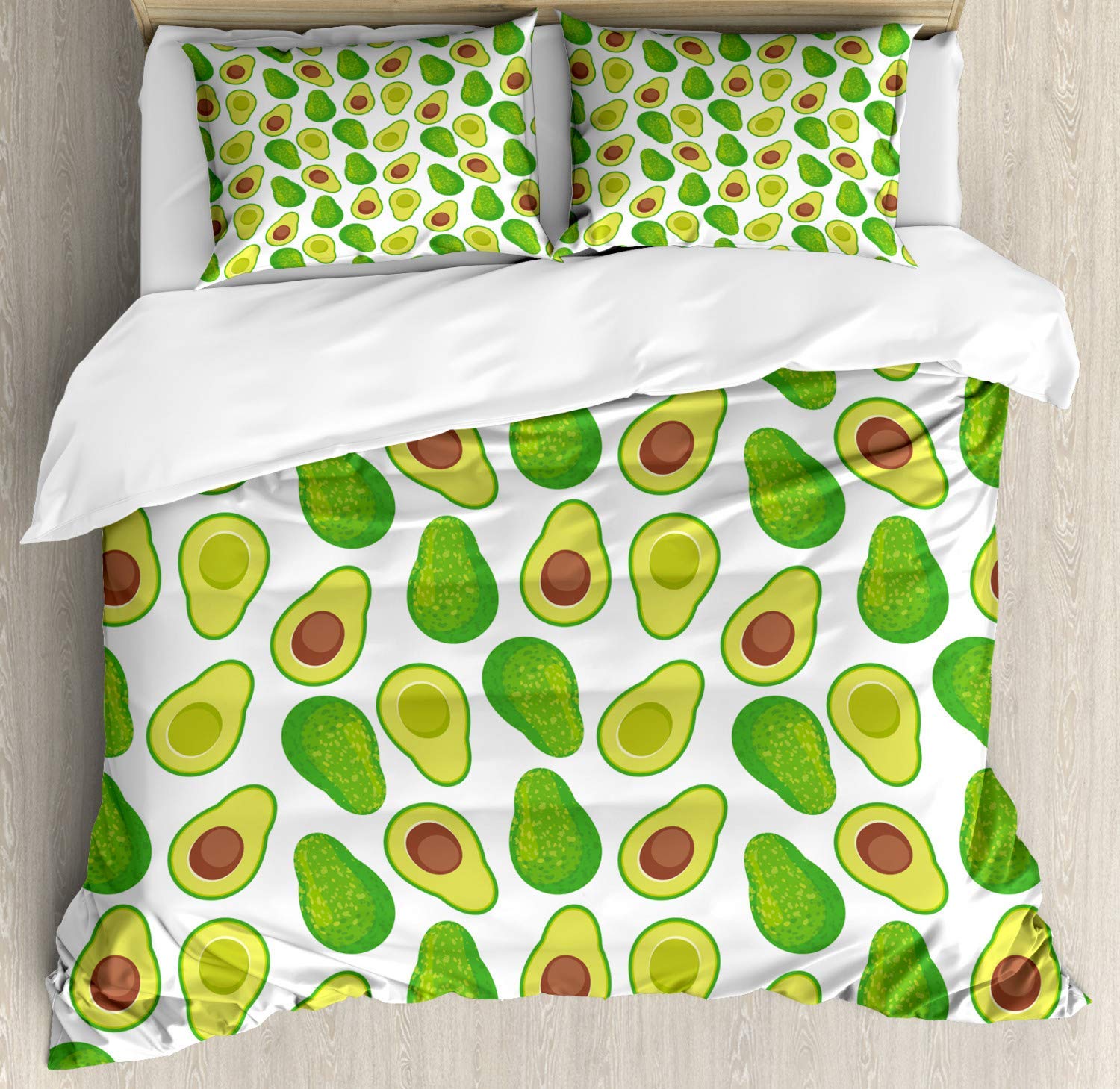 Avocado Green 3-Piece Duvet Cover Set - Queen Size Bedding with Vitamin Print Design (1 Duvet Cover + 2 Pillowcases) for Kids, Teens & Adults in Fern Green, Pale Avocado & Caramel Yellow | Soft & Breathable Cotton for Cozy Bedroom Decor