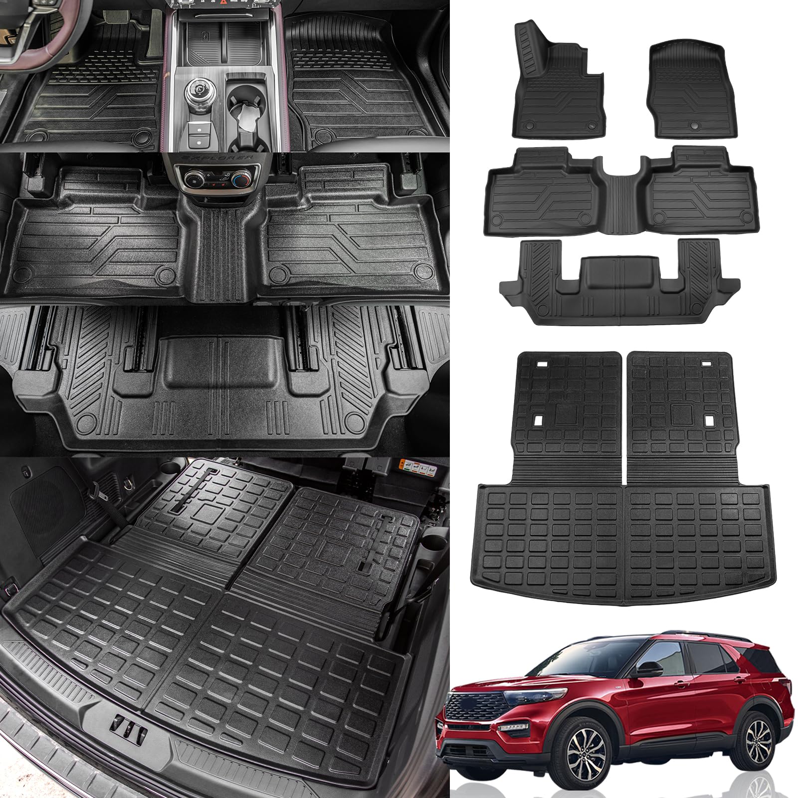 2020-2025 Ford Explorer 6-Seater All-Weather Cargo Liner & Trunk Mat Set - Heavy Duty Floor Mats with Backrest Protection | Perfect for Road Trips, Camping & Family Adventures
