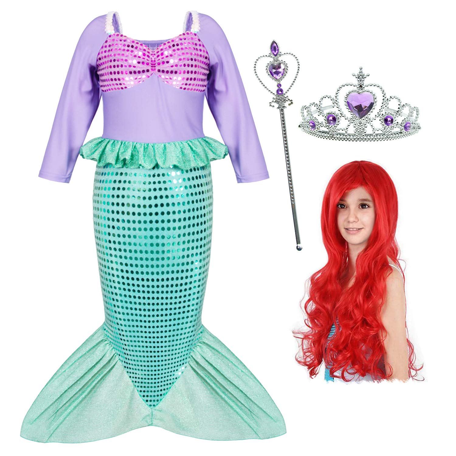 Joy Join Little Girls Princess Mermaid Costume - Kids Dress Up Party Set with Wig, Crown & Accessories | Perfect for Halloween, Birthday Parties & Fantasy Play