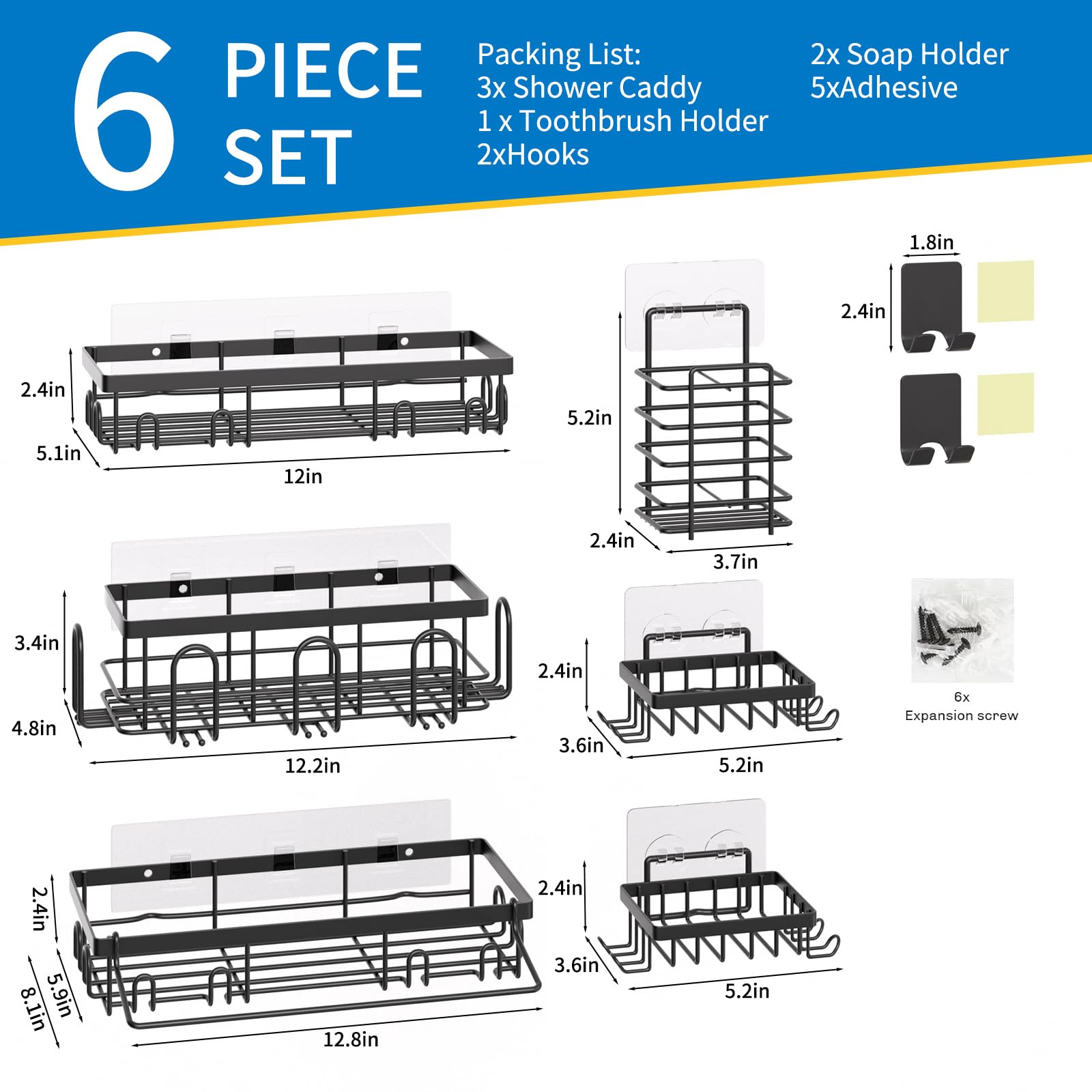 9-Pack Shower Caddy Organizer - Rustproof Stainless Steel Bathroom & Kitchen Storage - No Drill Adhesive Hooks - Large Capacity Shelves for Shampoo, Soap & Towels - Perfect for Small Spaces & Apartment Living (Black)