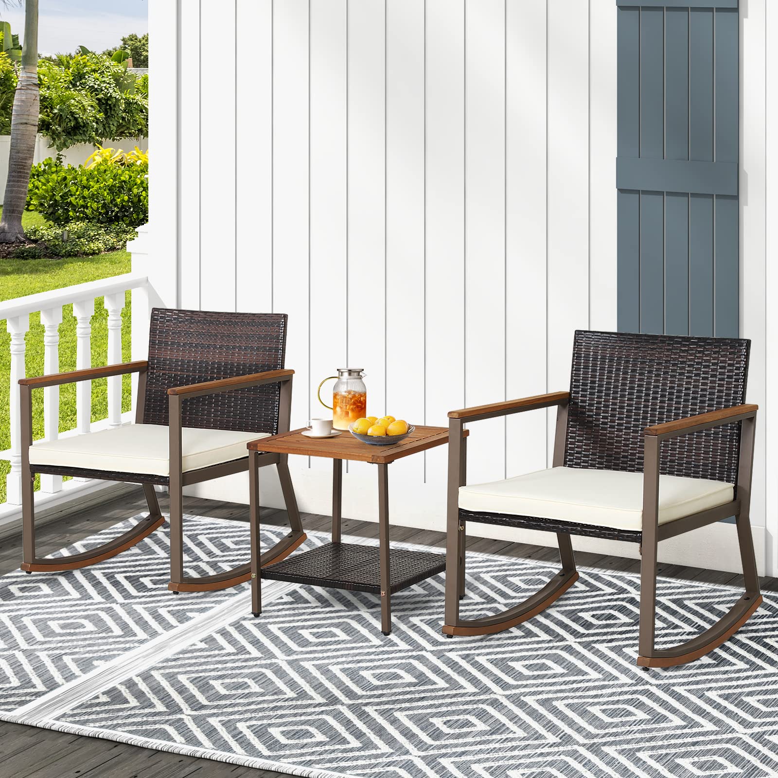 Tangkula 3-Piece Outdoor Rocking Bistro Set with Coffee Table & Cushions - Patio Rattan Furniture for Balcony, Porch, Poolside - Perfect for Relaxing, Entertaining & Outdoor Dining (Off White)