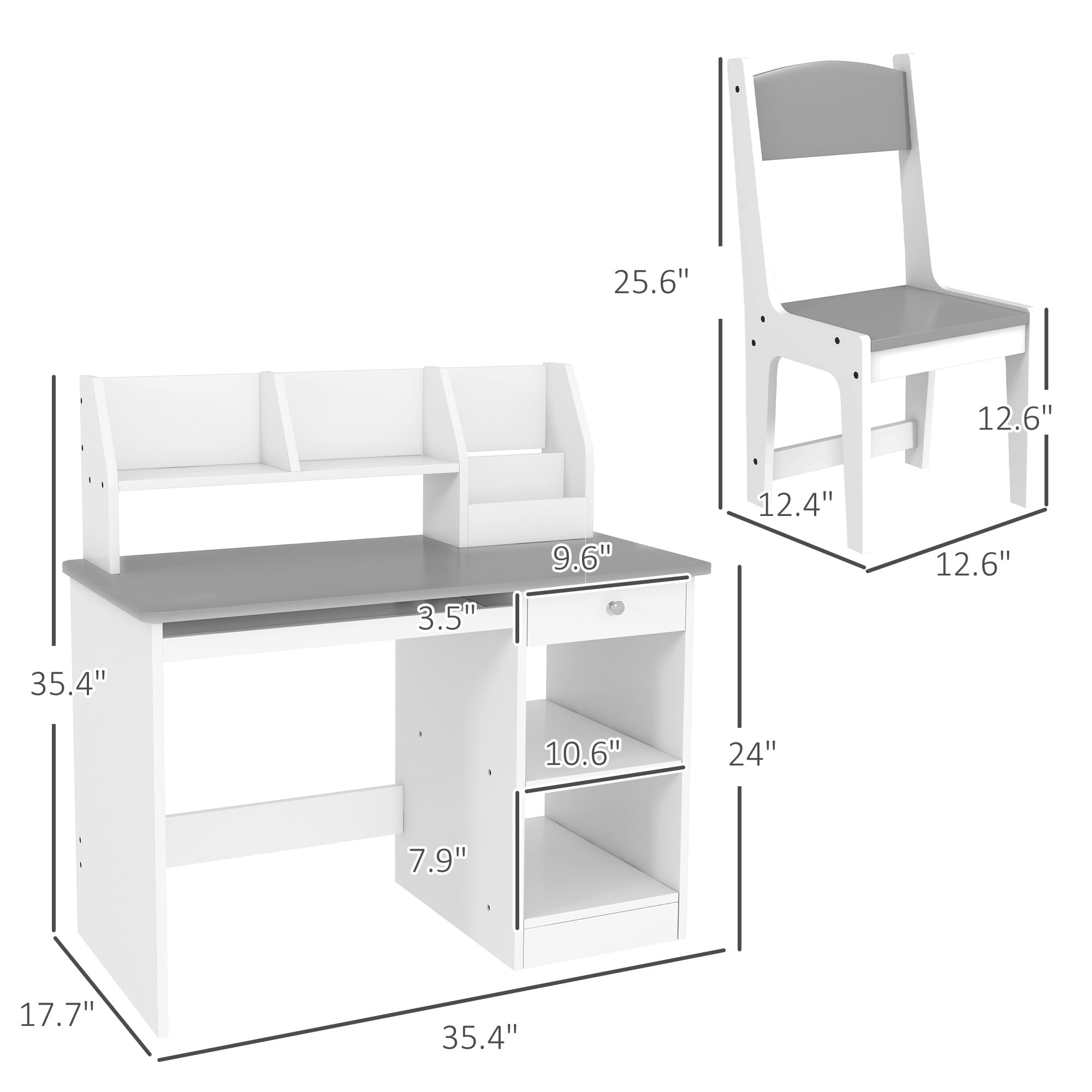 Qaba Kids Study Desk and Chair Set with Storage - Adjustable Height Children's Desk for Ages 5-8 - Gray - Perfect for Homework, Drawing & Learning Activities