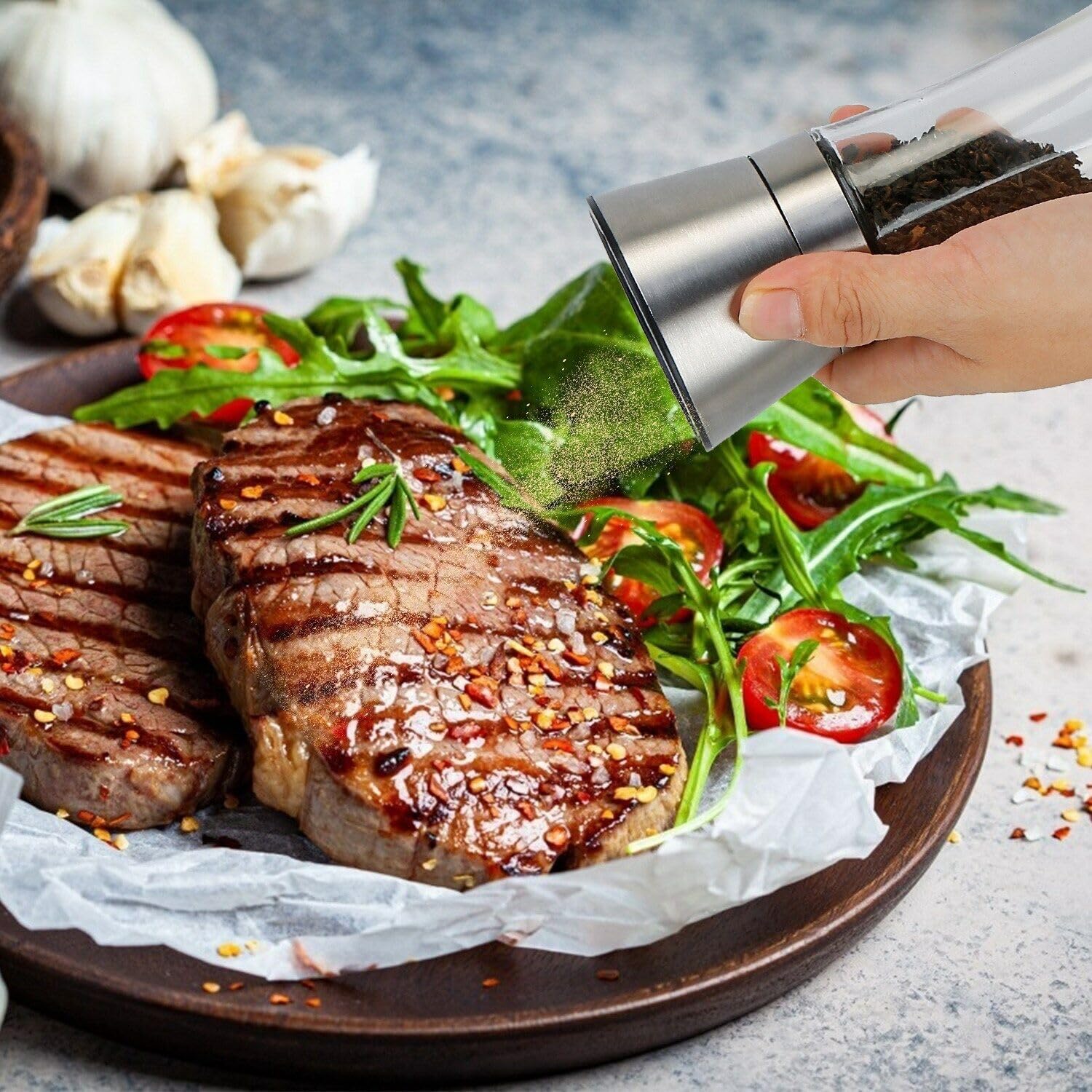 Premium Stainless Steel Salt and Pepper Grinder Set - Adjustable Coarseness, Glass Body & Brushed Finish - Perfect for Kitchen, Dining Table, and Gourmet Cooking - Ideal Gift for Home Chefs