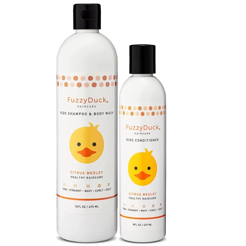 FuzzyDuck 16oz Kids Shampoo & Body Wash + 8oz Conditioner Set - Aloe, Sea Botanicals & Honey Formula for All Hair Types - Frizz Control, Deep Moisture & Silky Hair - Citrus Medley Scent - Perfect for Daily Bath Time & Gentle Hair Care