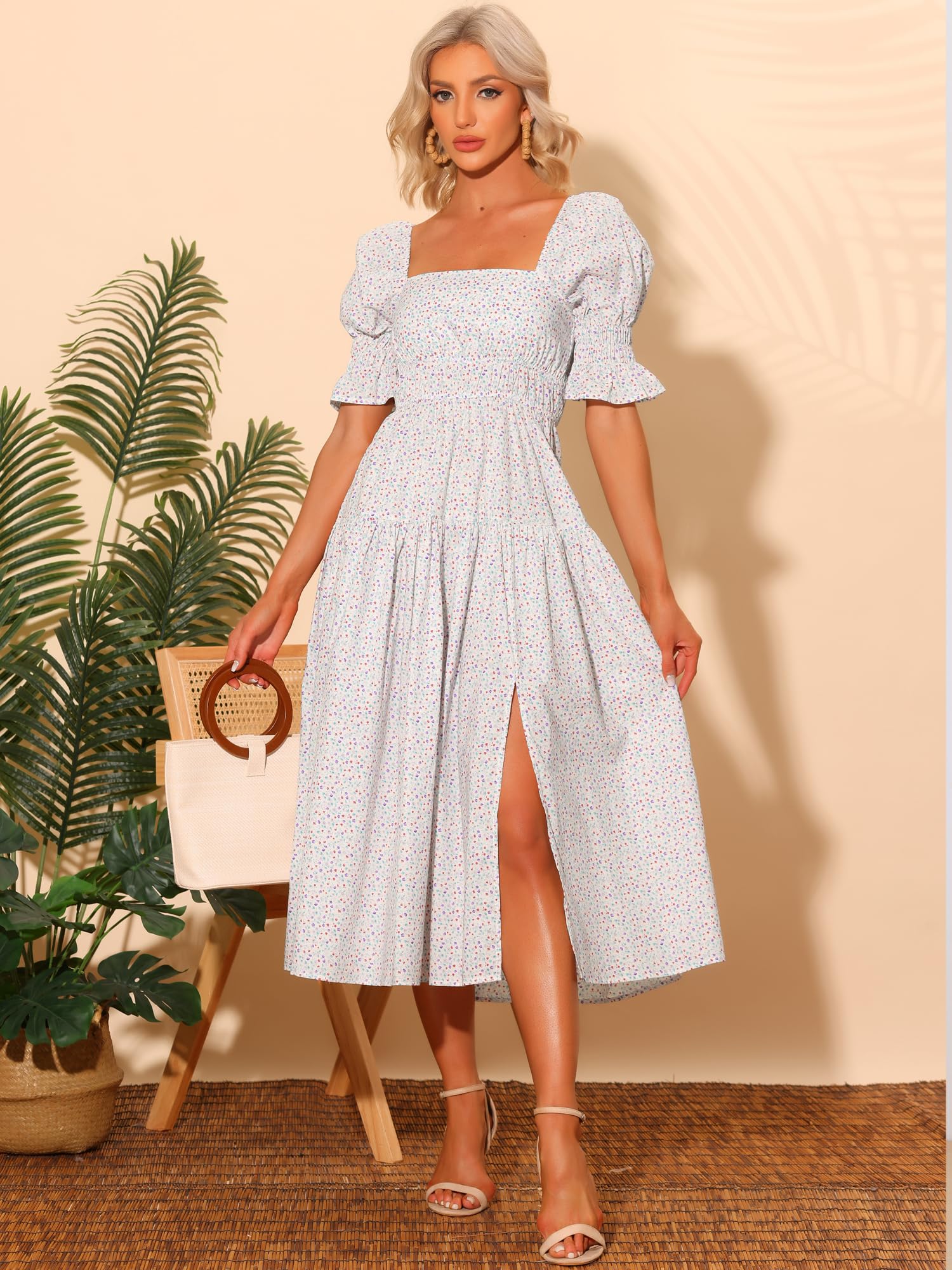 Allegra K Women's Floral Peasant Dress - Square Neck, Short Puff Sleeve, Smocked Waist | Perfect for Summer, Beach, Vacation & Casual Outings