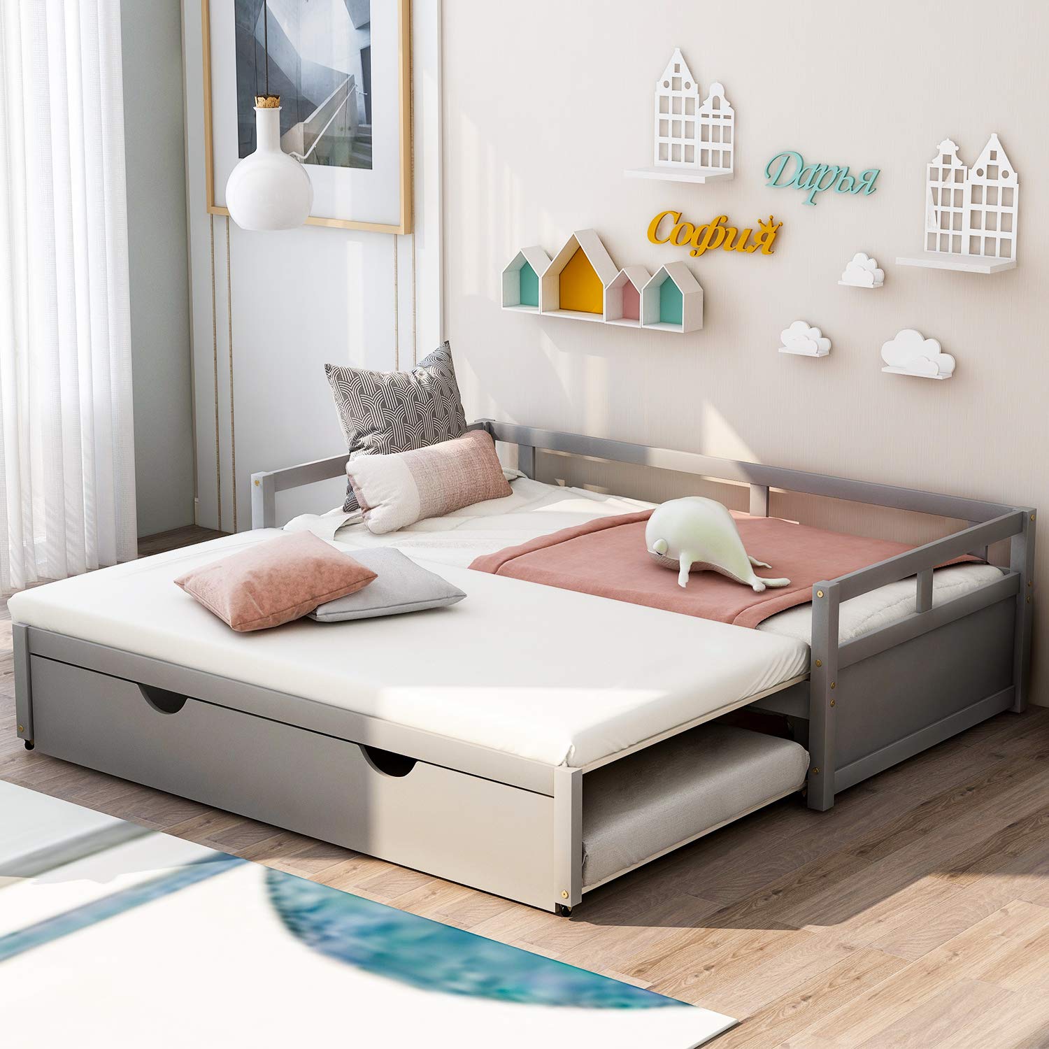Twin to King Extendable Daybed Frame with Trundle - Solid Wood Convertible Guest Bed with Slats (No Box Spring Needed) - Perfect for Small Spaces, Living Rooms & Guest Bedrooms