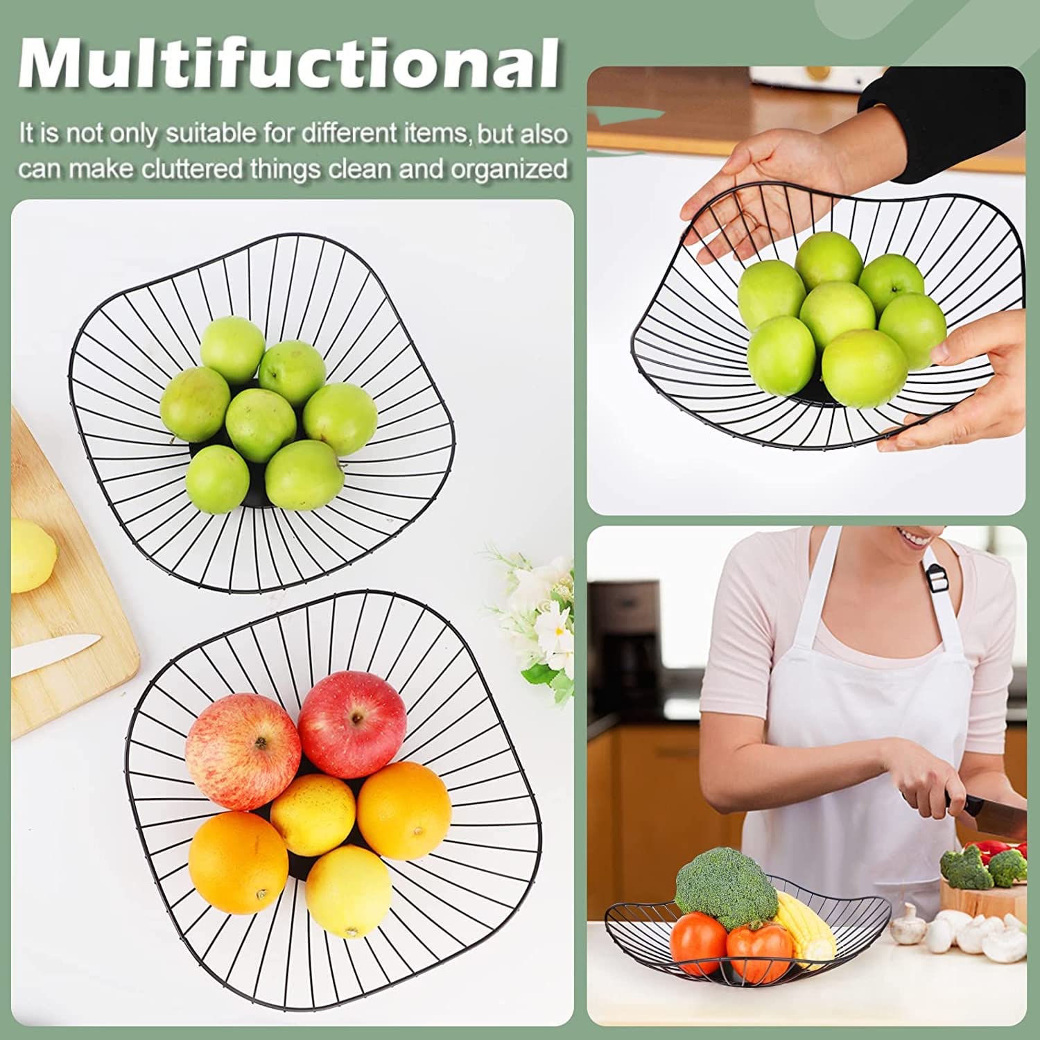 2 Pack Modern Minimalist Wire Fruit Bowls - Black Kitchen Countertop Storage for Fruits & Vegetables | Home Decor Centerpiece for Dining Table, Living Room & Kitchen Organization