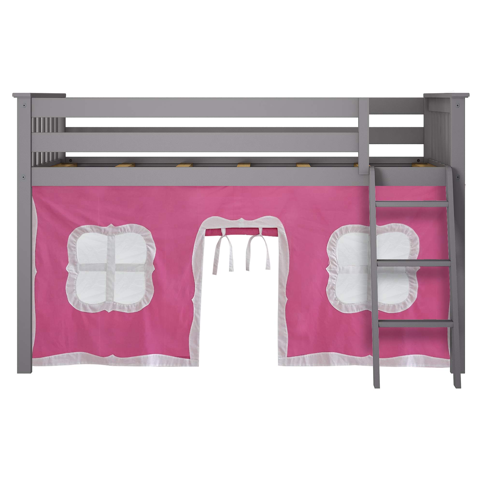 Max & Lily Low Loft Twin Bed Frame for Kids with Privacy Curtains - Space-Saving Grey/Pink Bunk Bed for Small Rooms, Playrooms & Sleepovers