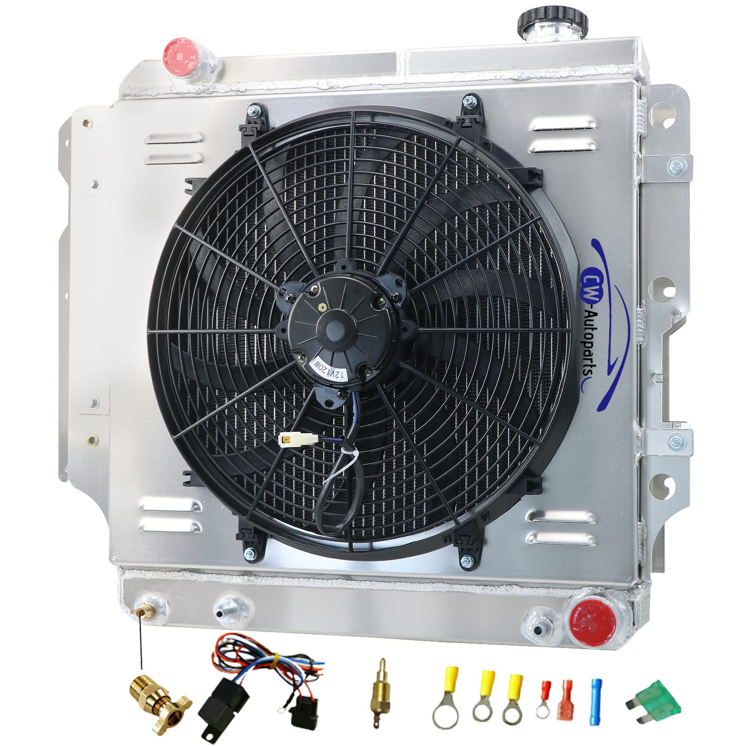4 Row Aluminum Radiator for 1987-2006 Jeep Wrangler TJ YJ & GM Chevy V8 Conversion - High Performance Cooling with Shroud Fan & Relay Kit - Perfect for Off-Road, Towing & Hot Weather Driving