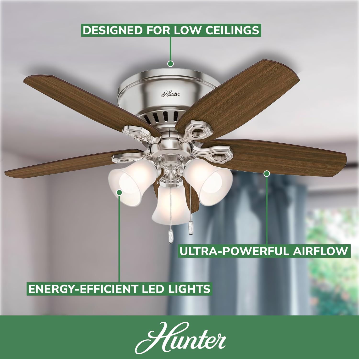 Hunter Fan Company 51092 42 Inch Brushed Nickel Low Profile Ceiling Fan with LED Light Kit and Pull Chain - Perfect for Bedrooms, Living Rooms, and Indoor Spaces